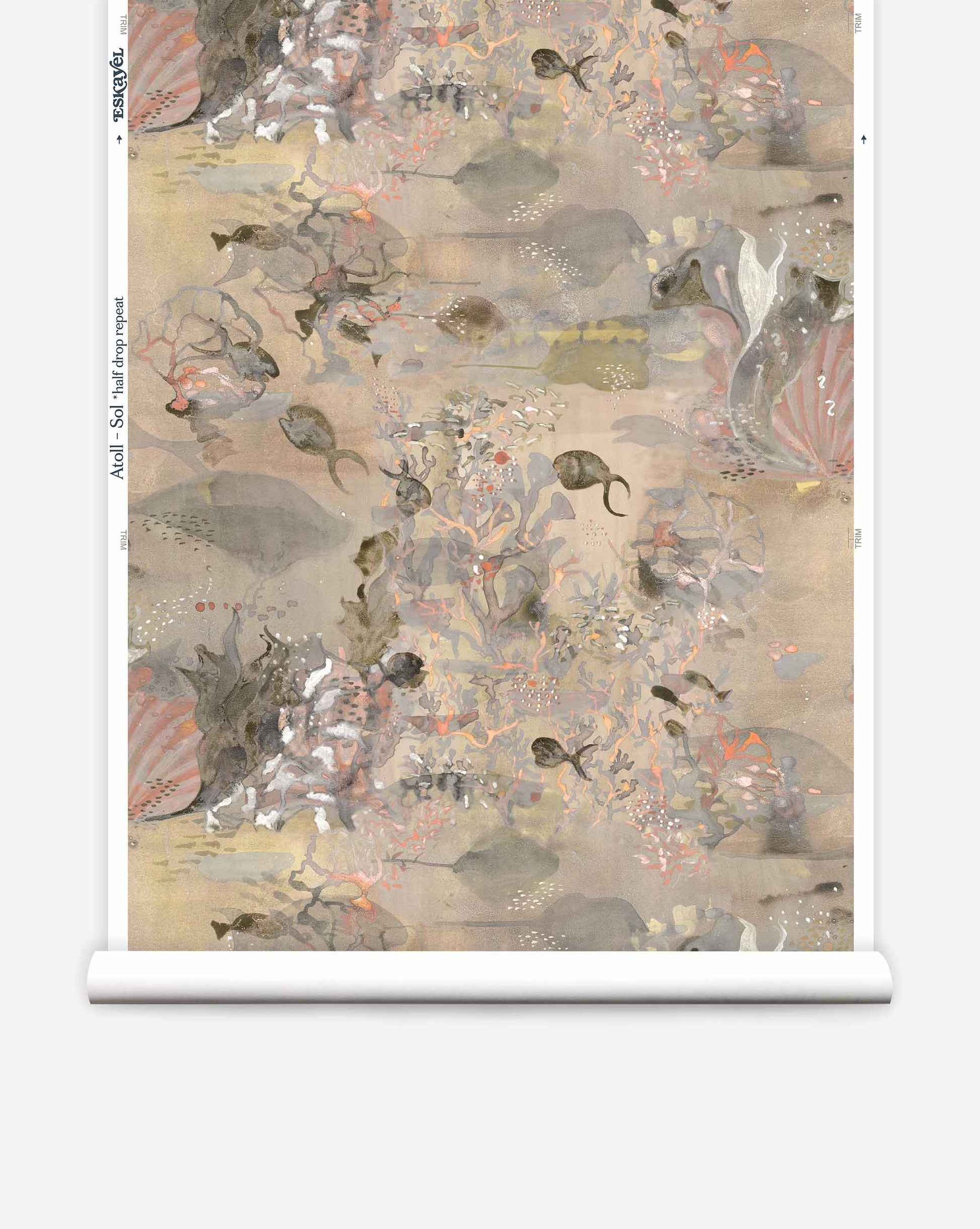 Eskayel's Atoll clay-coated wallpaper in Sol depicts a dreamlike underwater world in beige tones.