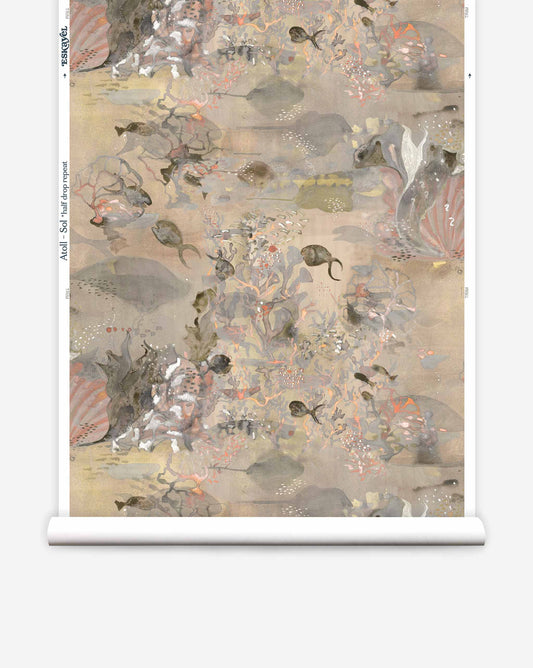 Eskayel's Atoll clay-coated wallpaper in Sol depicts a dreamlike underwater world in beige tones.