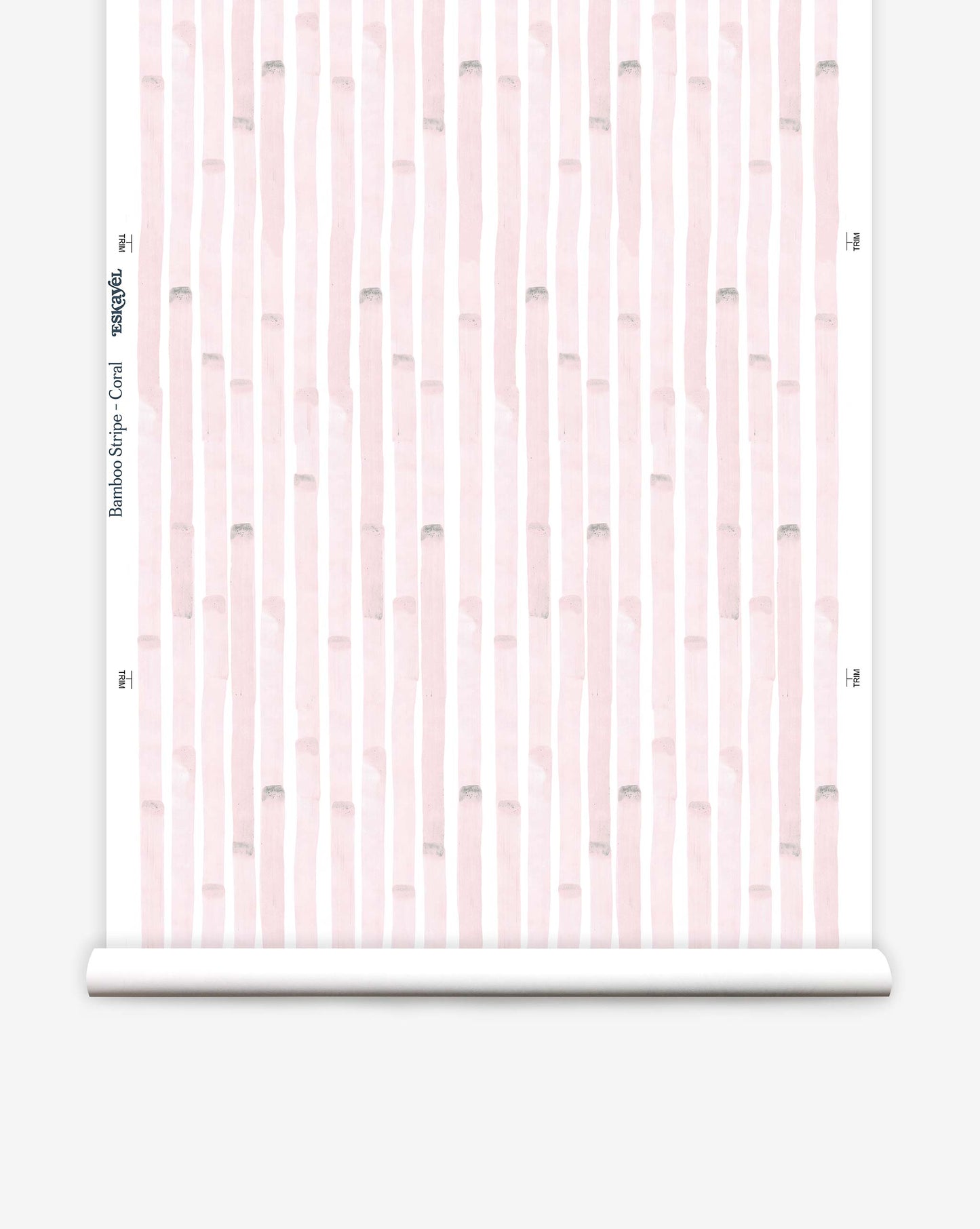 The Bamboo Stripe Wallpaper in Coral features a watercolor style with light pink and white vertical stripes.