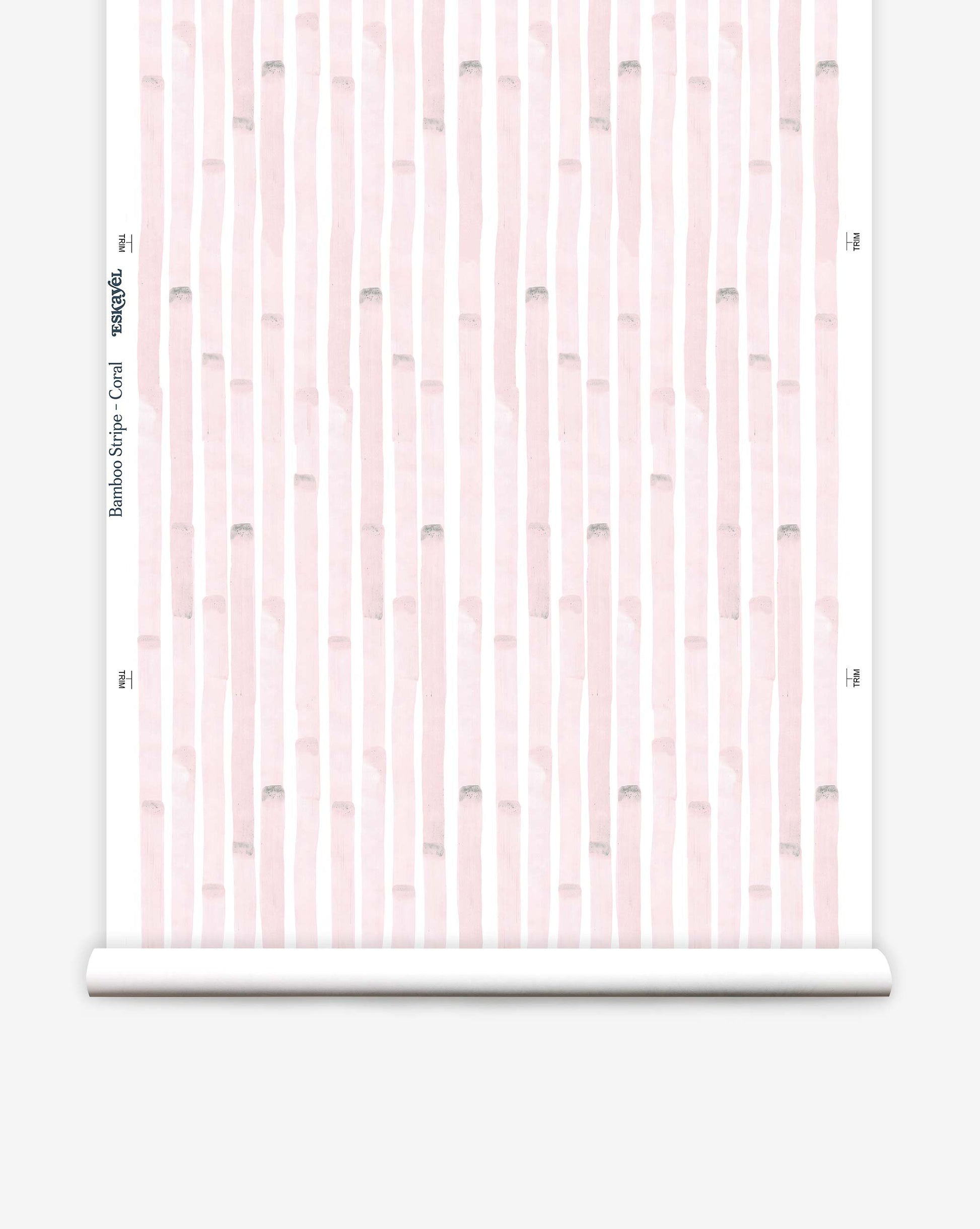 The Bamboo Stripe Wallpaper in Coral features a watercolor style with light pink and white vertical stripes.