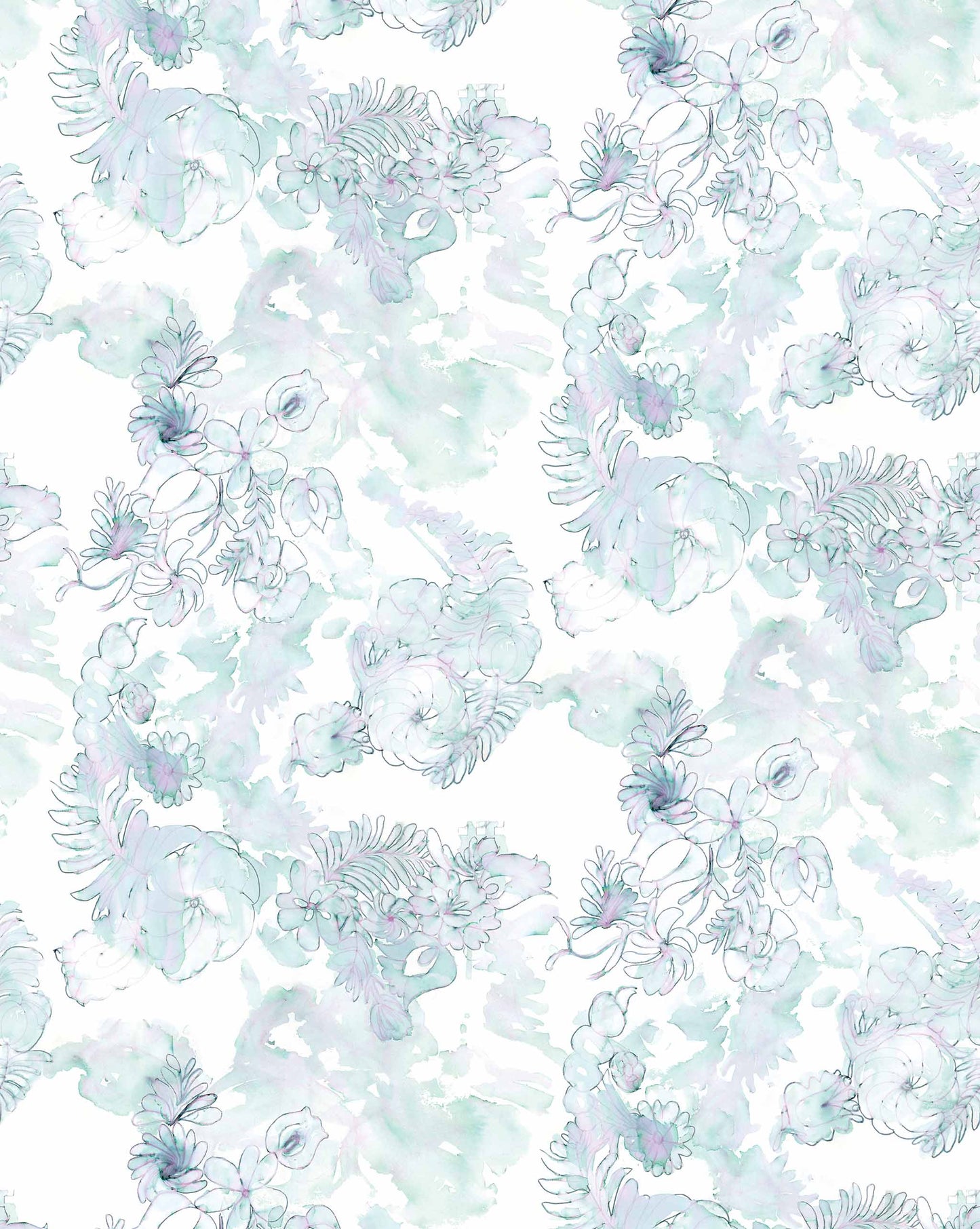 Seamless Belize Blooms Wallpaper Mural with delicate blue and green watercolor flowers on a faded watercolor background.