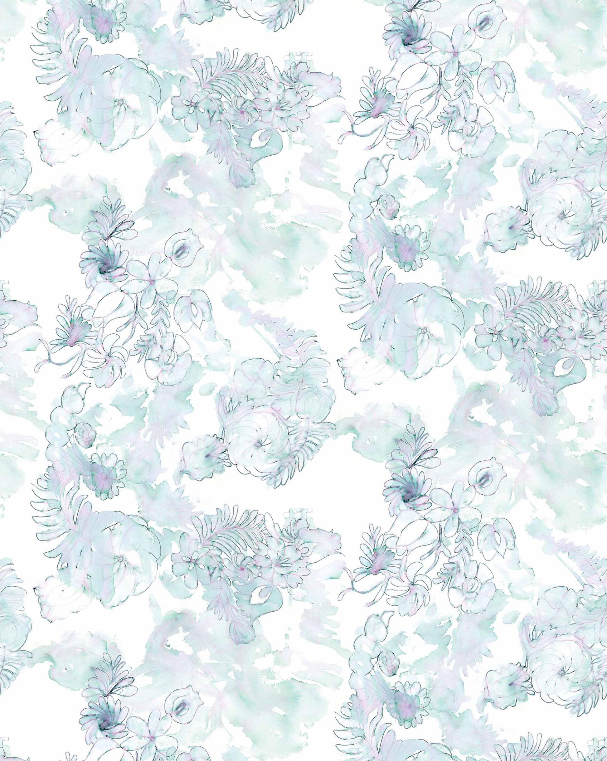 Seamless Belize Blooms Wallpaper Mural with delicate blue and green watercolor flowers on a faded watercolor background.