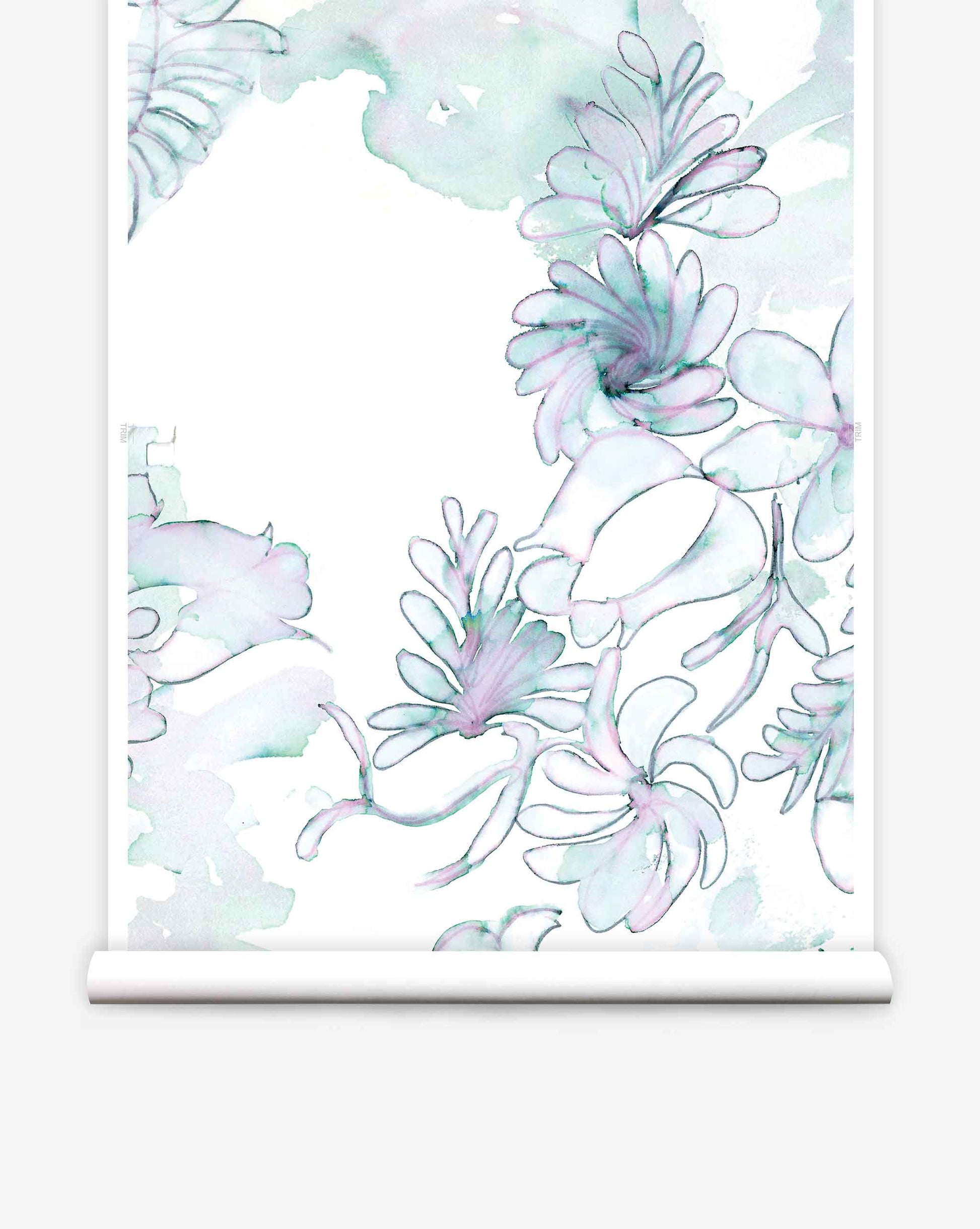 A luxury Belize Blooms Wallpaper in Jardin with watercolor floral design on wallpaper.
