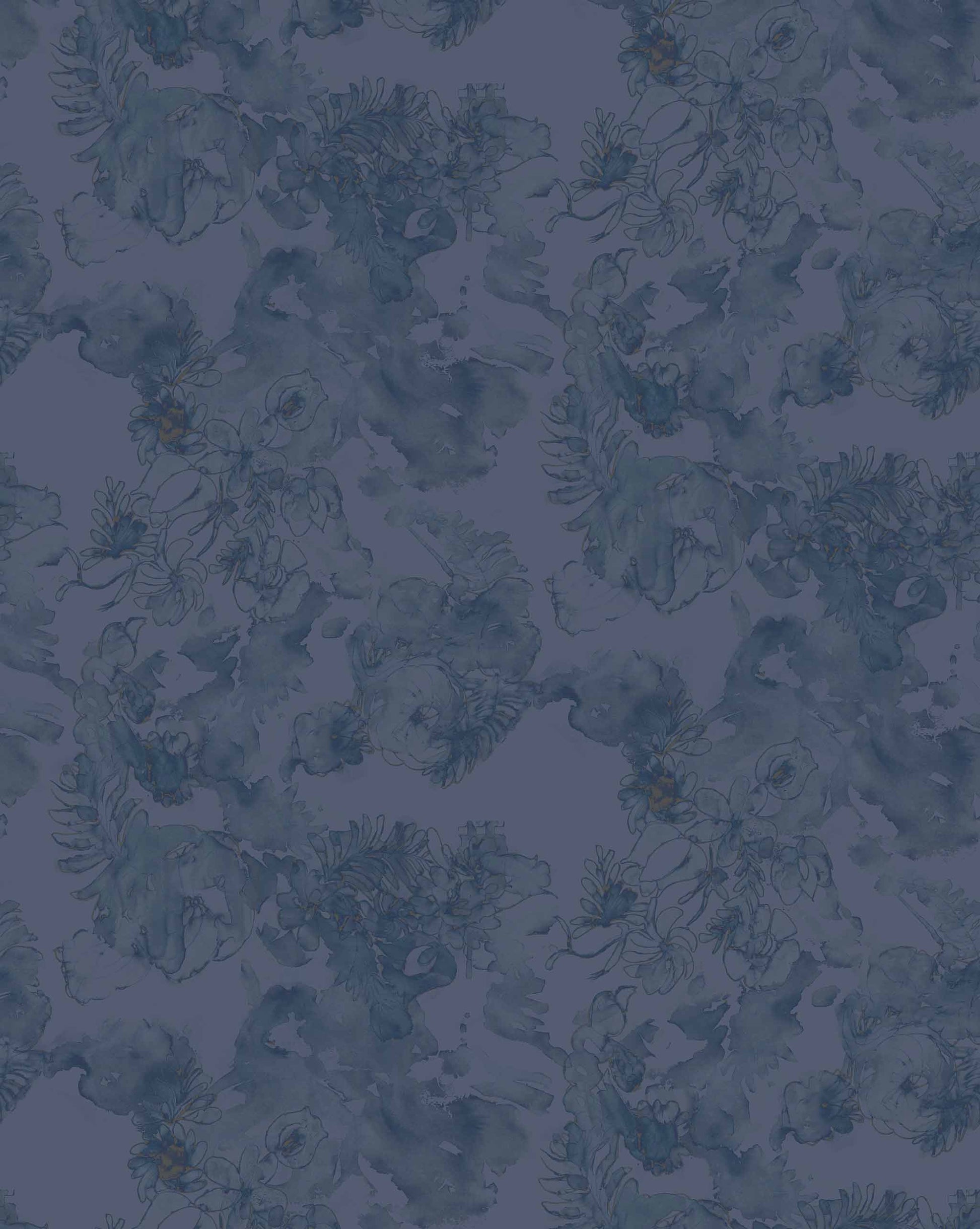Repeating pattern of abstract, floral-like Belize Blooms Wallpaper Mural||Night Fog blots on a dark blue background, creating a textured, artistic design on luxury fabric.