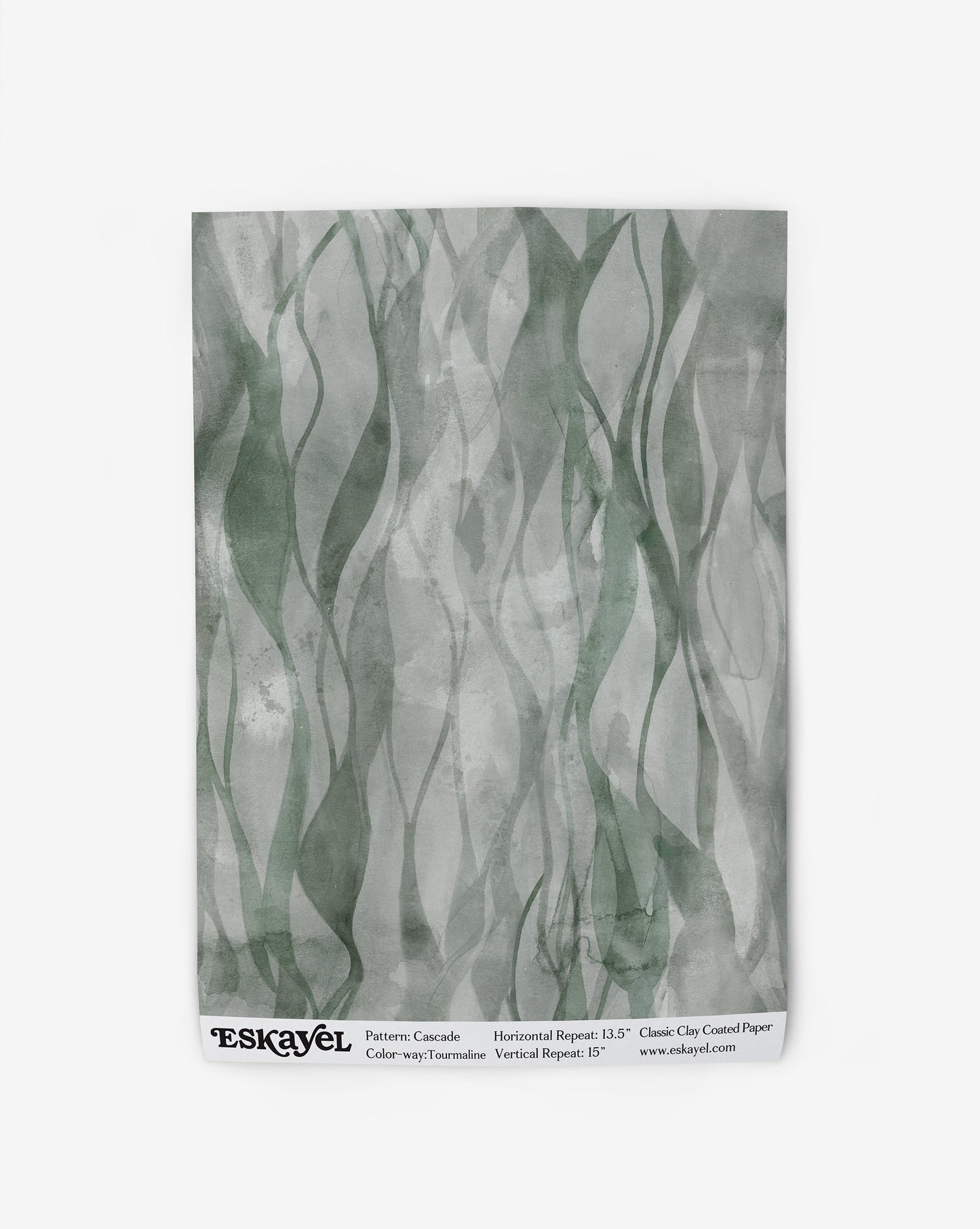 Cascade Wallpaper Sample in the color way tourmaline in shades of green.