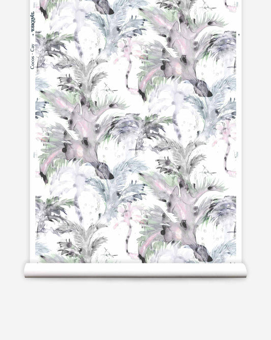 A luxury Cocos Wallpaper roll with a repeated pattern of grey and pink tropical birds among greenery.