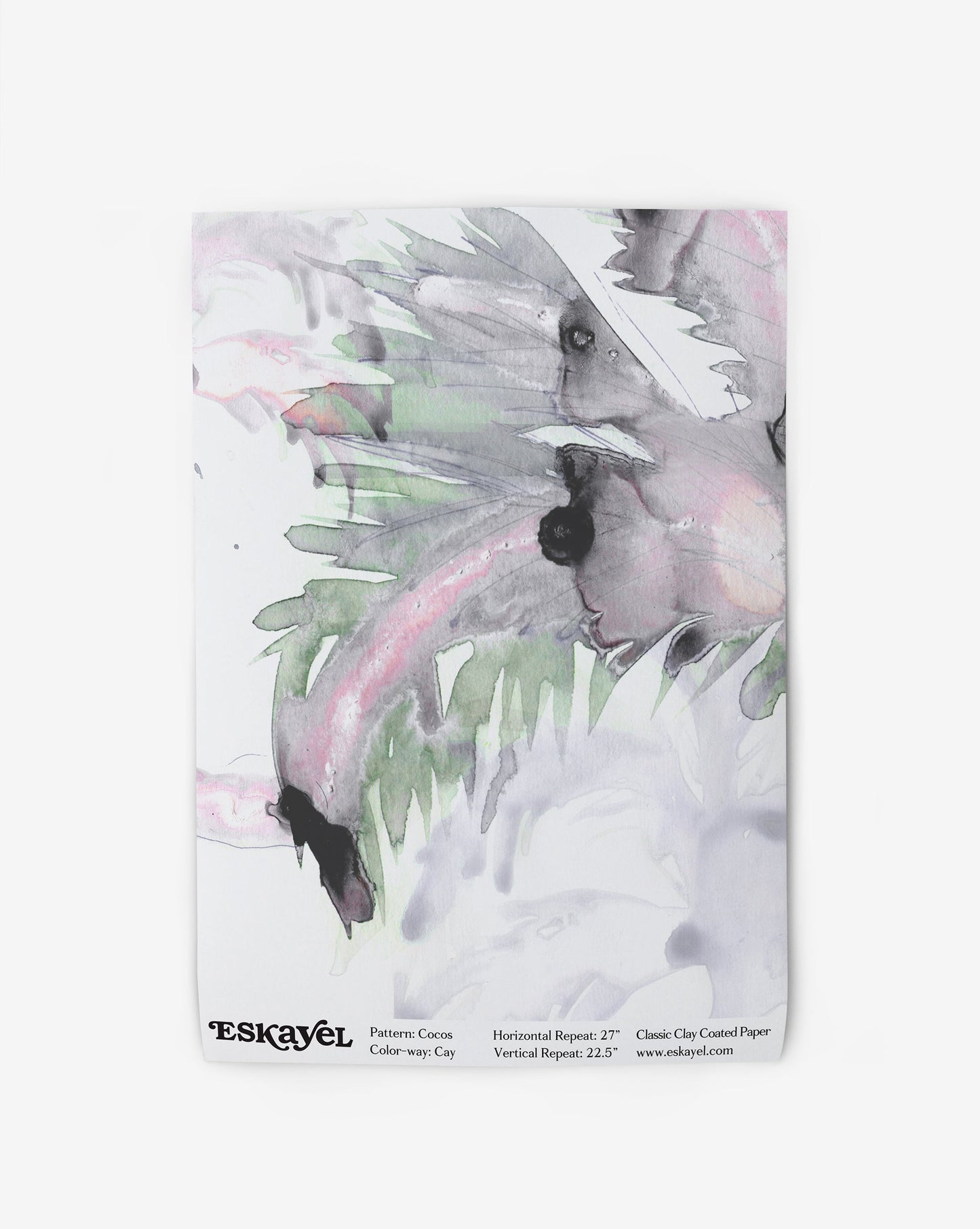 Abstract watercolor artwork featuring smudged grey, black, and pink hues on high-end fabrics, with the label "Cocos Wallpaper||Cay" at the bottom.