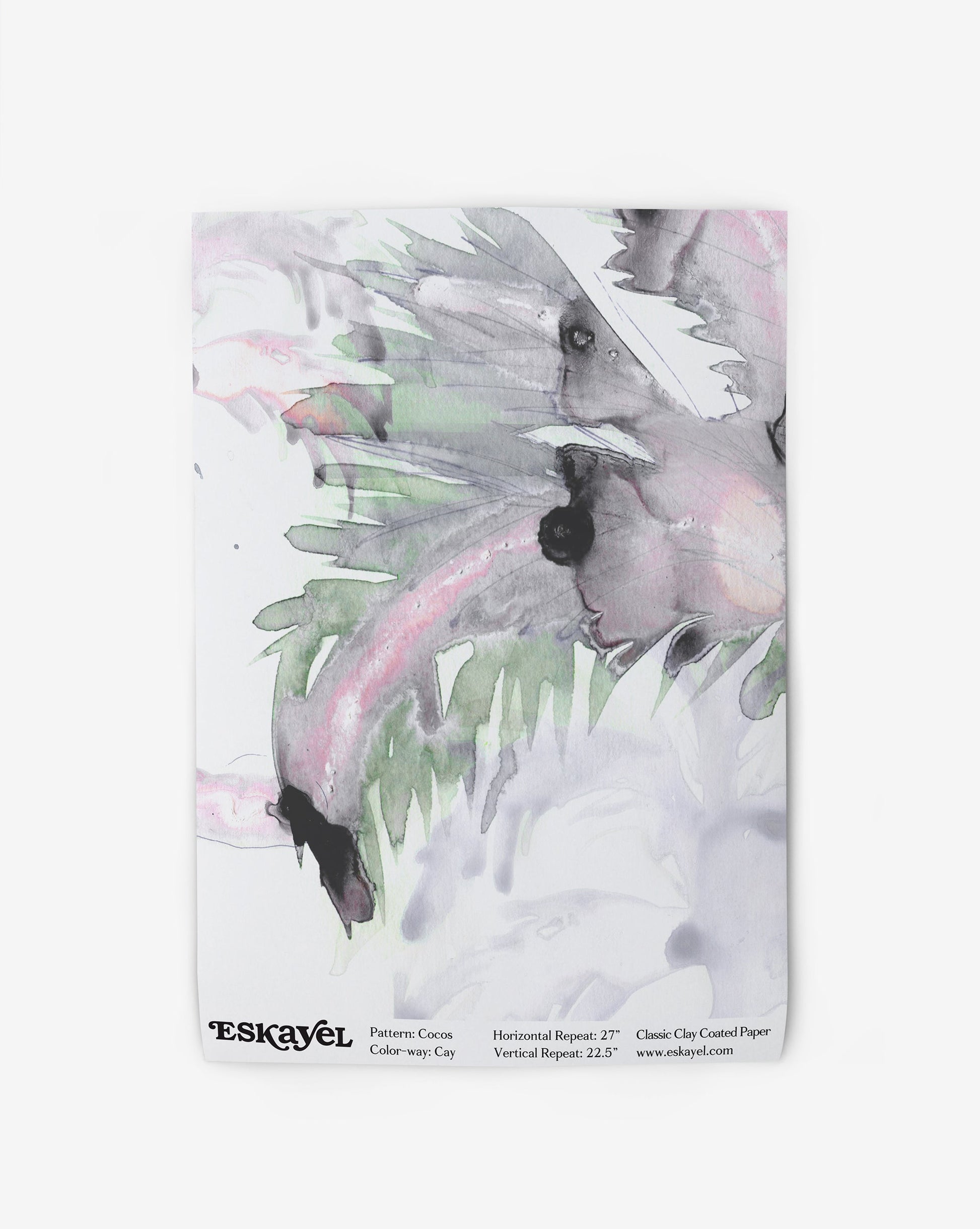 Abstract watercolor painting featuring soft, blending strokes of green, pink, and black on a white background, displayed with a title and details along the bottom edge. This artistic piece highlights the benefits of calming Cocos Wallpaper Sample||Cay.
