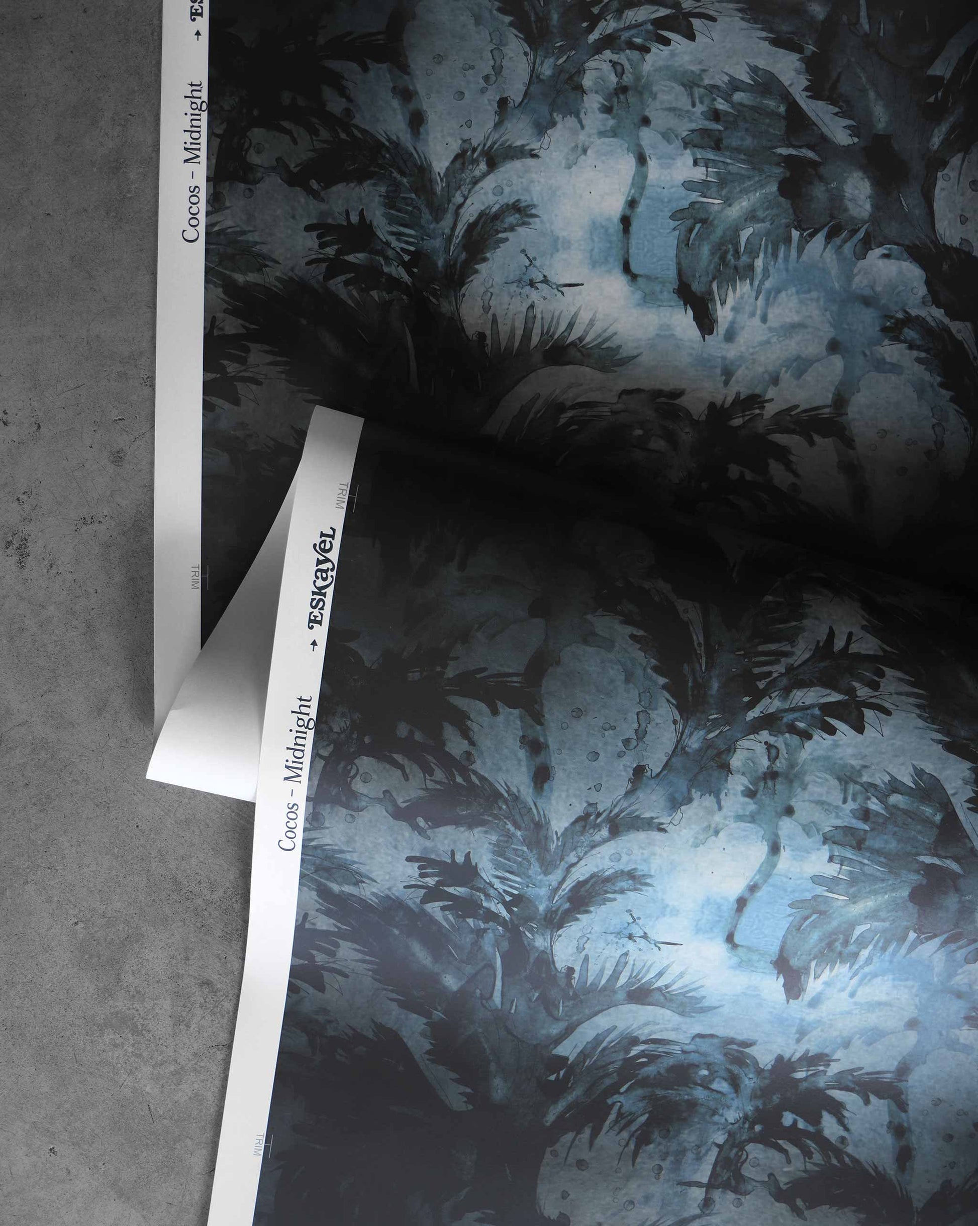 A detail shot of Cocos Wallpaper in the colorway Midnight which features a blue color.