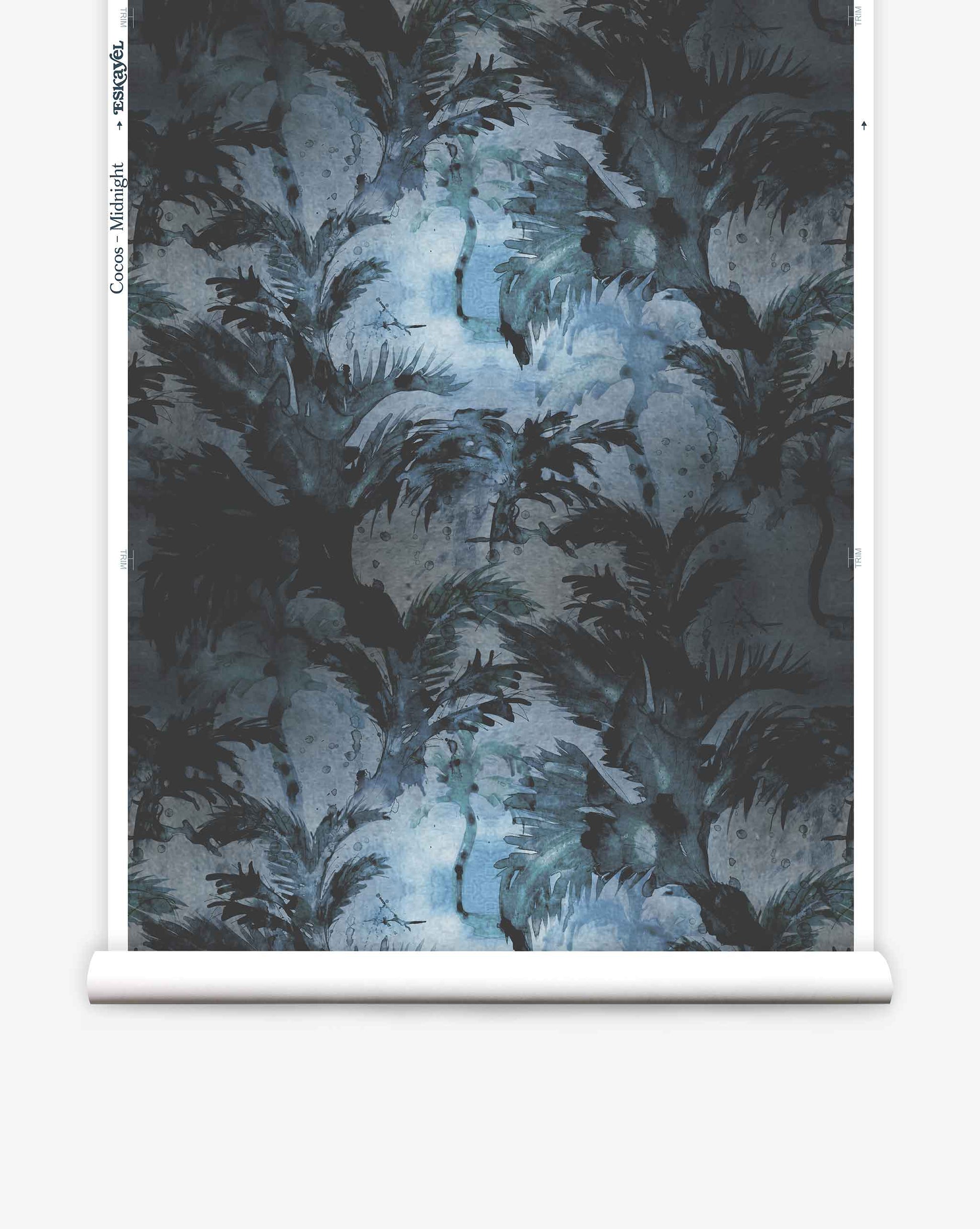 Cocos Wallpaper Midnight in blue and white with palm trees snd birds.