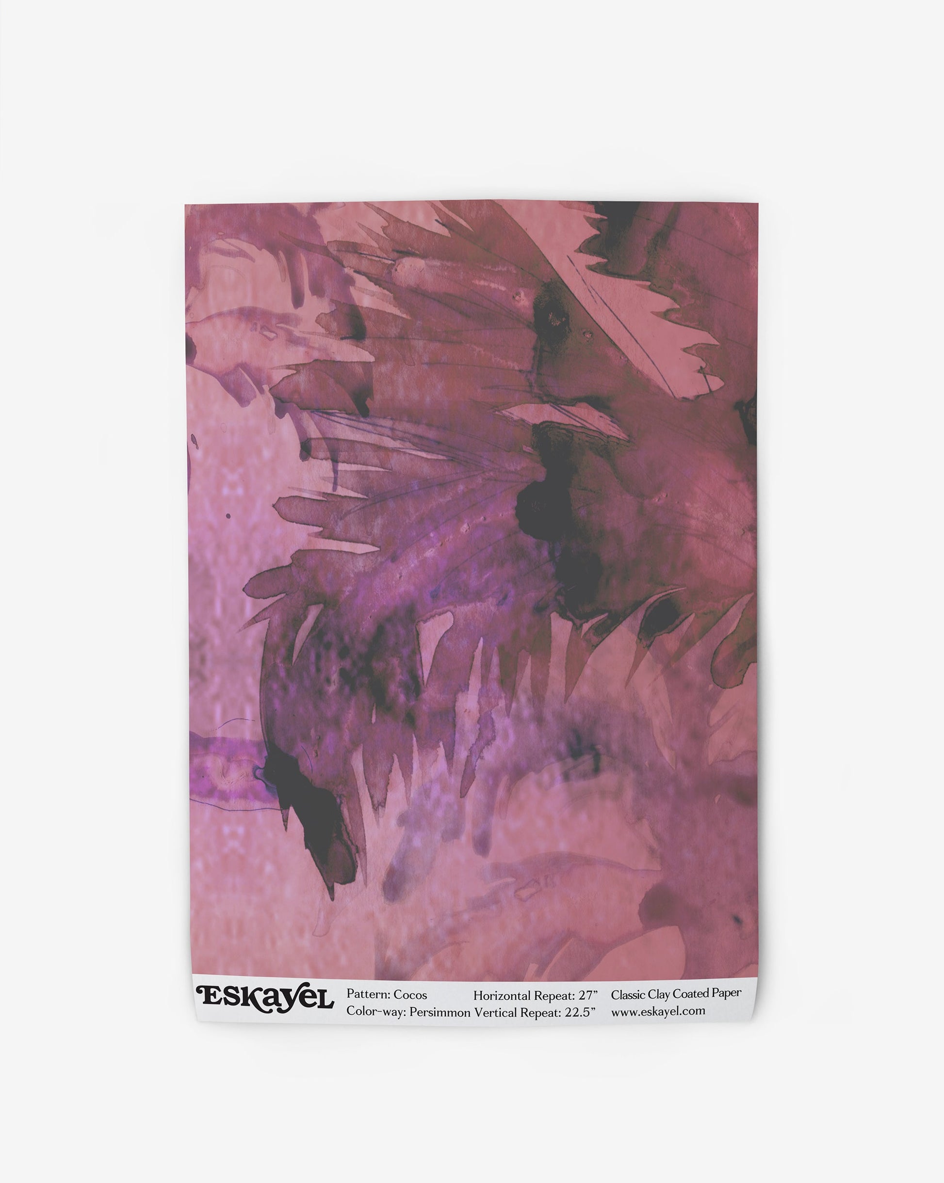 Abstract watercolor design in shades of purple and pink on a high-end fabric swatch with "Cocos Wallpaper" label, detailing pattern name and dimensions.