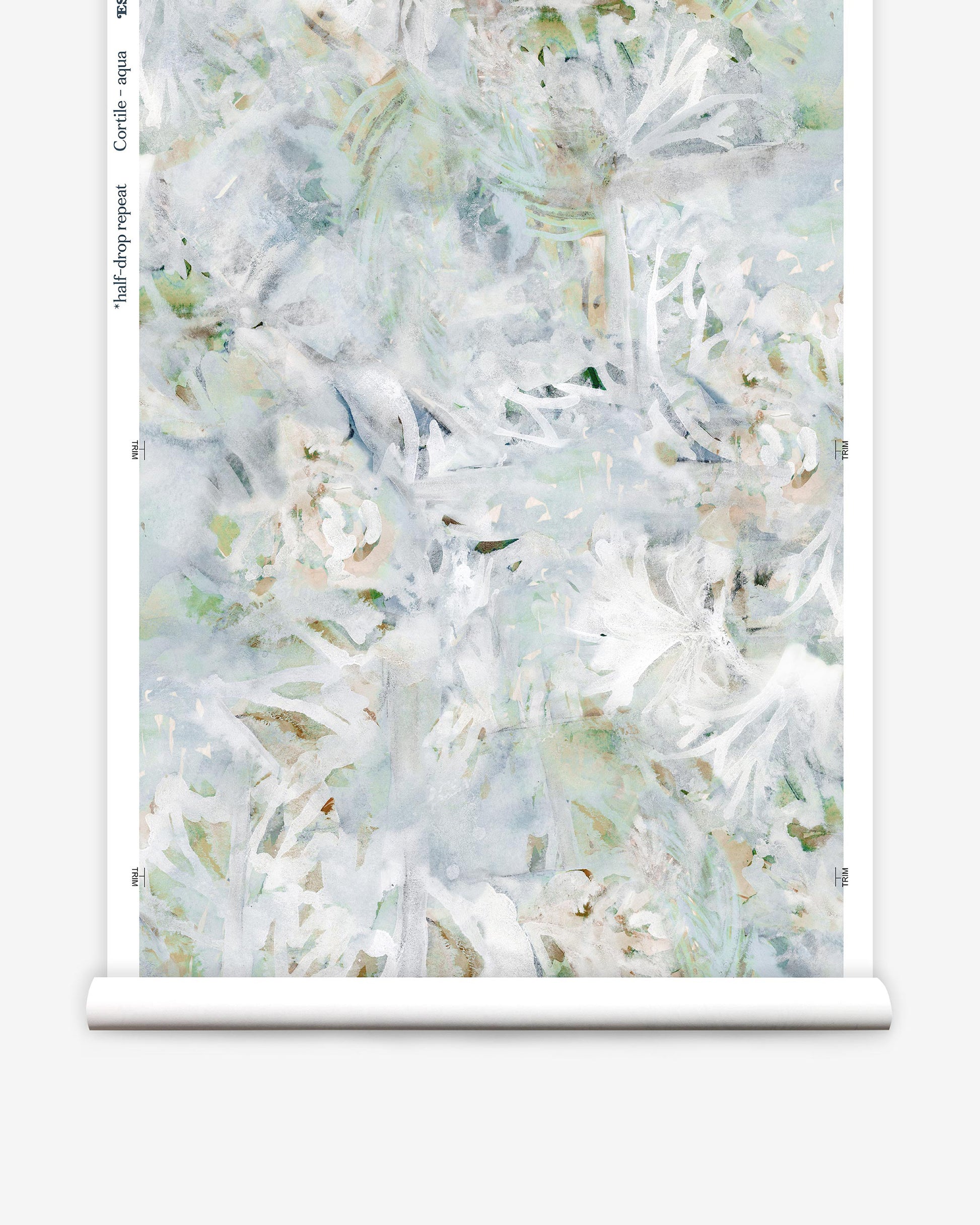 The Cortile Silk Wallcovering||Aqua is a roll of wallpaper in a neutral palette, featuring a pale floral and leafy botanical pattern in soft aqua, white, and beige tones, displayed upright against a plain background.