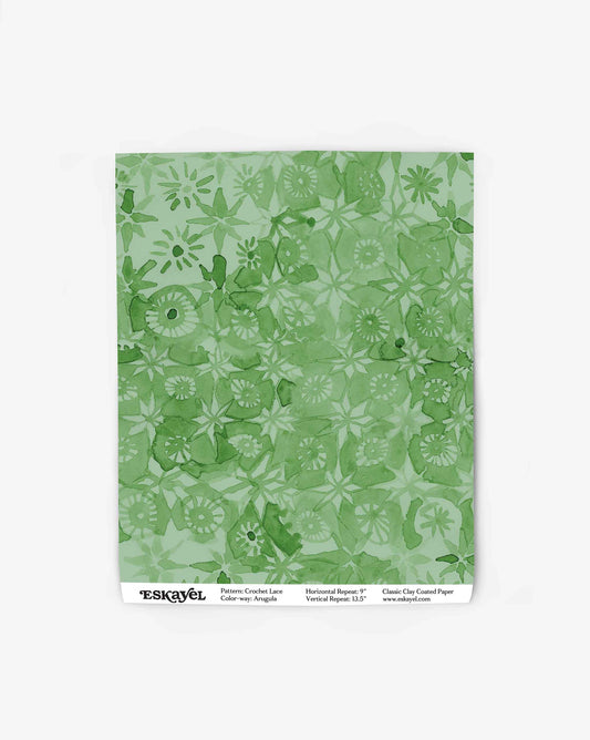 Eskayel’s floral micro printed wallpaper. The Crochet Lace pattern in the green colorway is arugula.