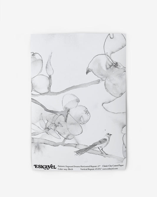 A black and white drawing of a bird on a branch, in to sample the Dogwood Dreams Wallpaper Sample Birch