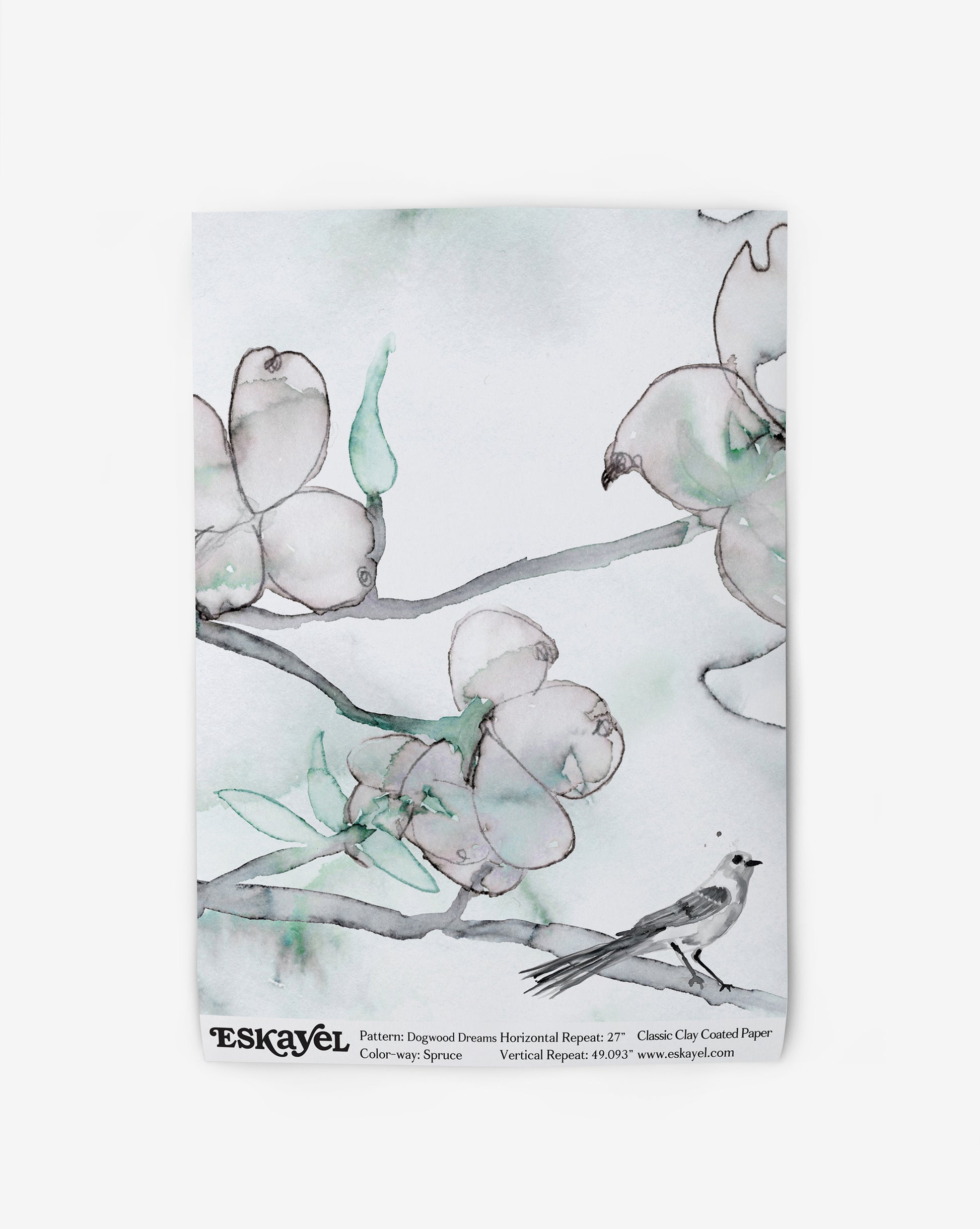 Dogwood Dreams Wallpaper - a bird and flowers on a branch, in a custom luxury Spruce colorway