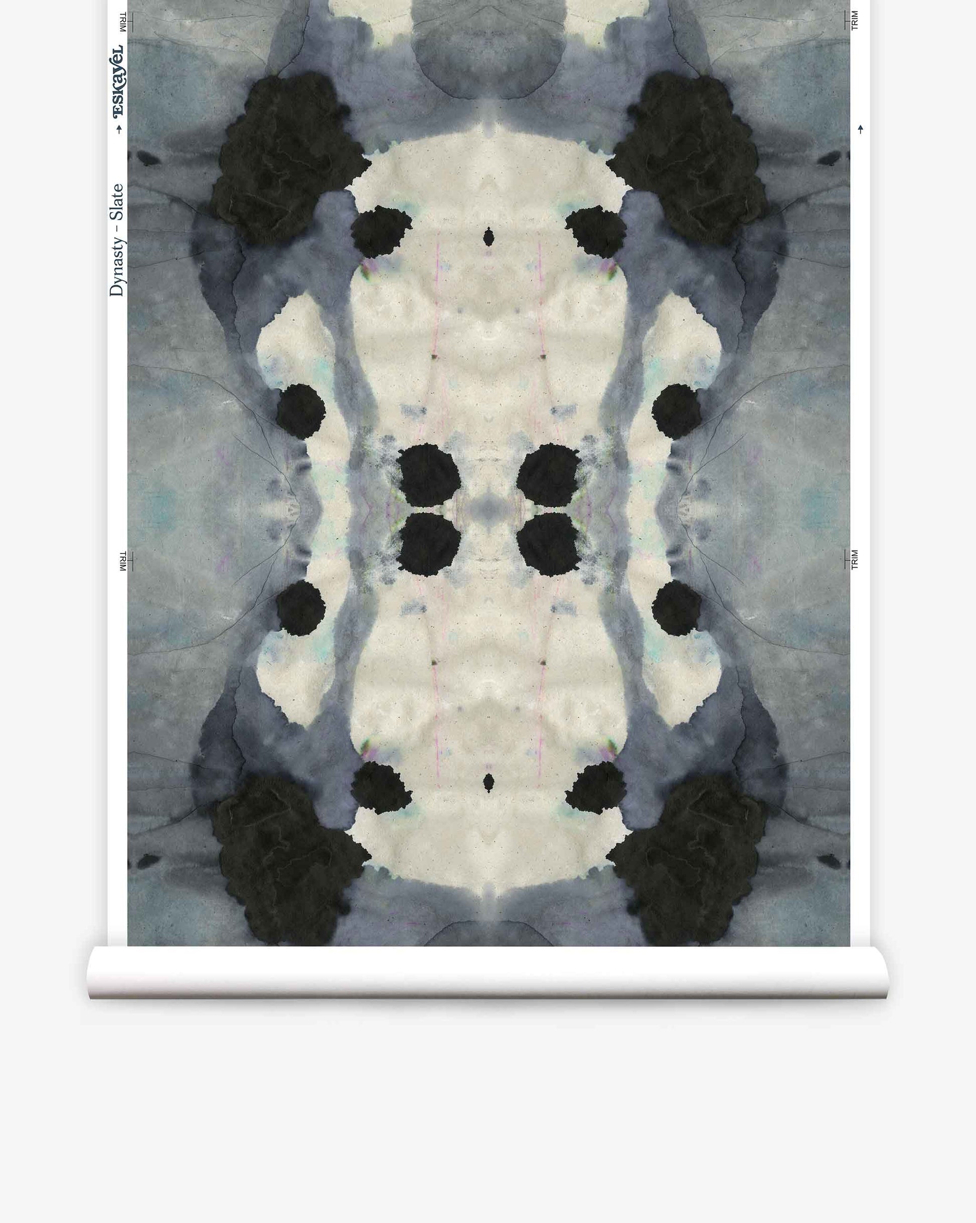A blue and black ink blot design on a roll of high-end wallpaper is a Dynasty Slate.