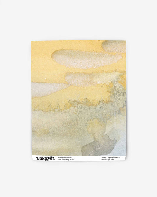 Empyrean mural wallpaper swatch by Eskayel displays a collage of skies and sunsets. In Dawn, the palette is multicolor.