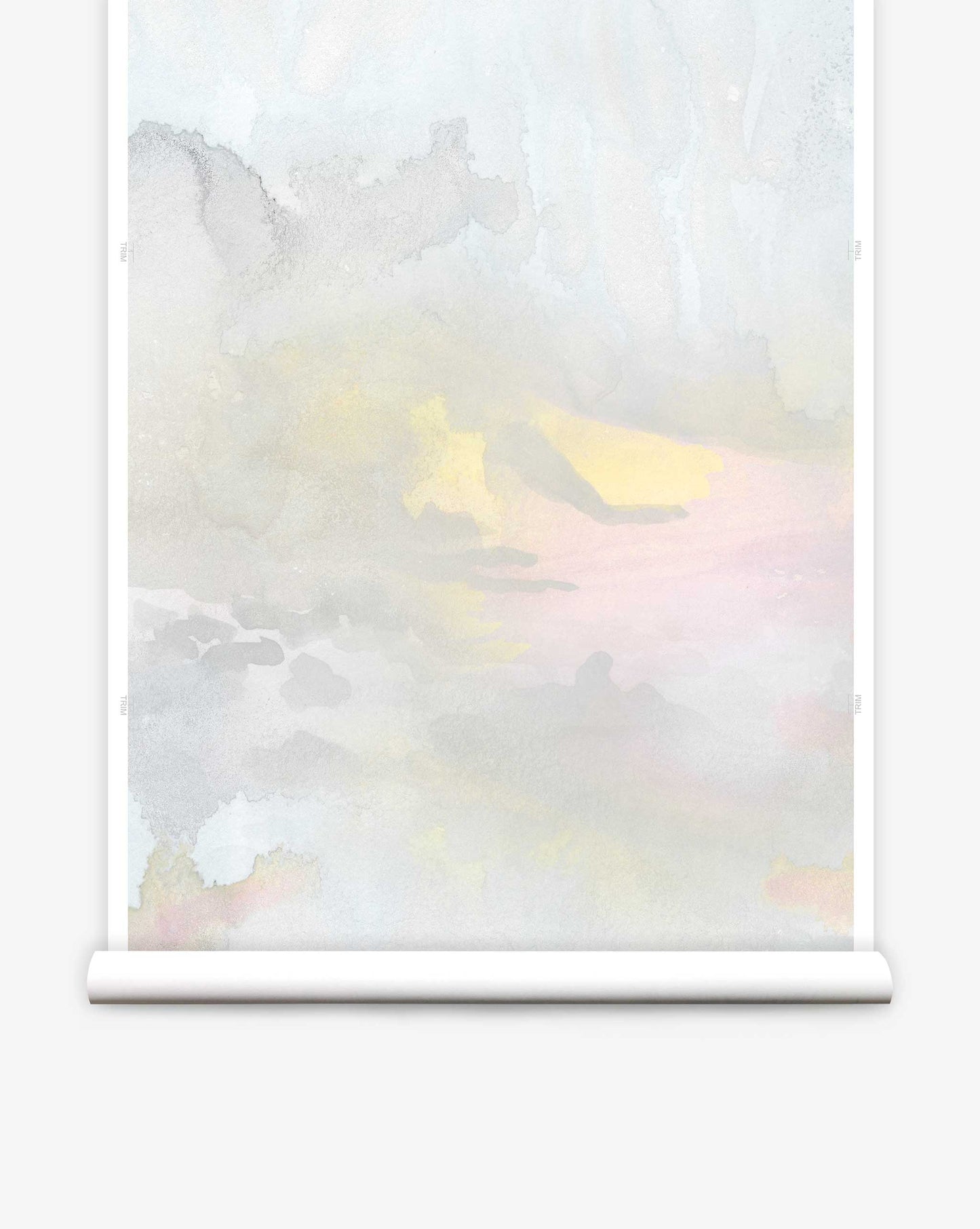 Empyrean mural wallpaper by Eskayel feature a collage of skies and sunsets. In Dusk, the muted yet bright palette is multicolor.