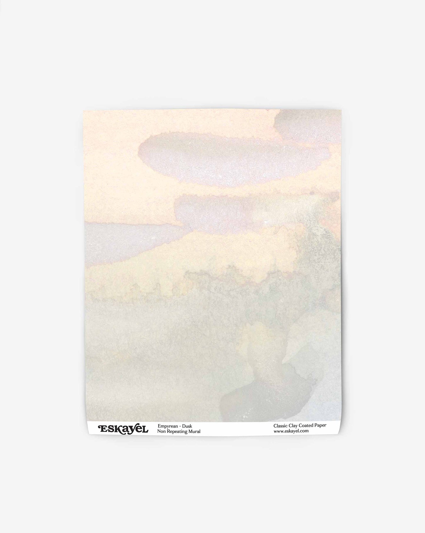 A collage of sky views, Empyrean mural wallpaper swatch by Eskayel comes in the multi Dusk colorway on a selection of grounds.