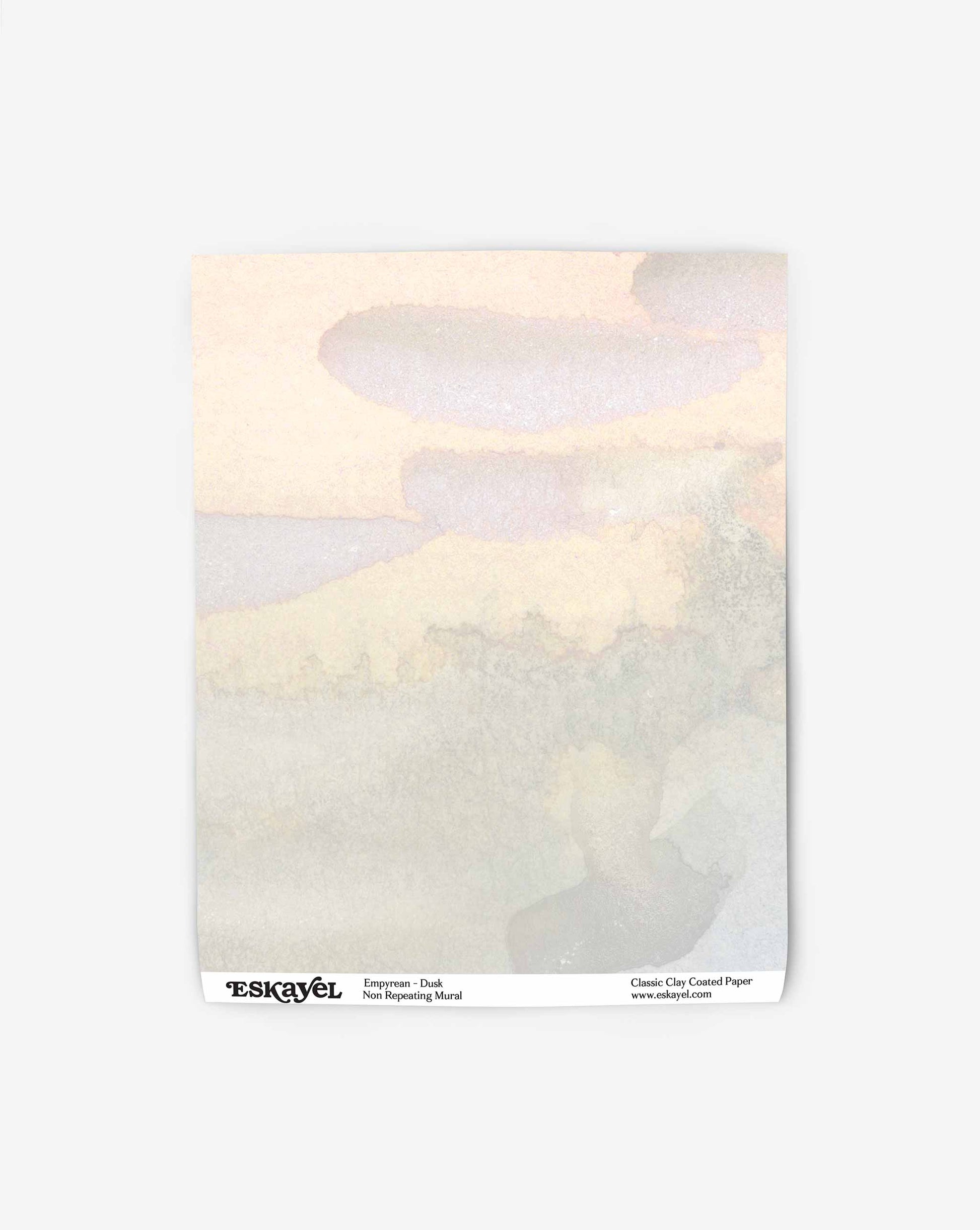 A collage of sky views, Empyrean mural wallpaper swatch by Eskayel comes in the multi Dusk colorway on a selection of grounds.