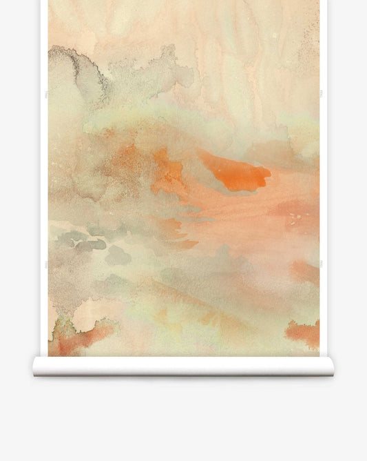 Eskayel’s Empyrean mural wallpaper design is available to order in the orange Sol palette.