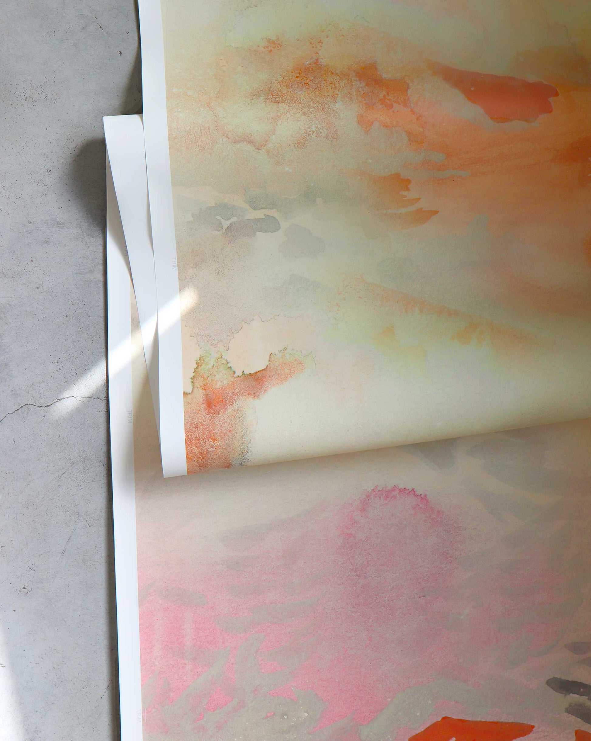 Transform your space with the Empyrean Wallpaper Mural in Sol. Featuring an abstract watercolor design in orange, pink, and beige tones on paper, it elegantly graces any gray surface—ideal for upscale interior projects.