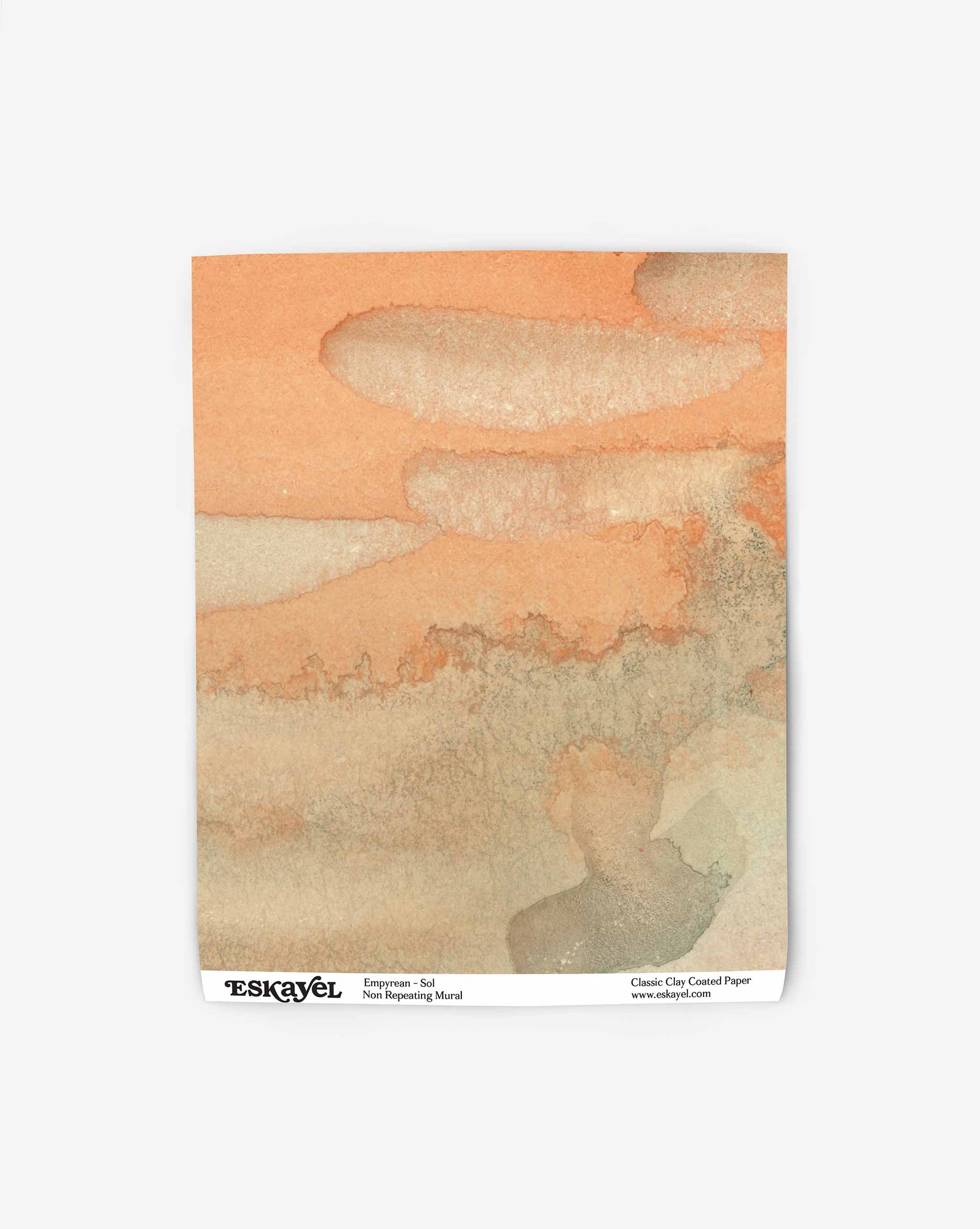 Empyrean mural wallpaper swatch by Eskayel features a collage of skies and sunsets. In Sol, the palette includes orange hues.