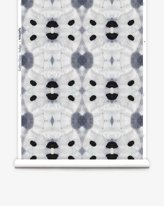 An inkblot test pattern with symmetrical dark shapes in an Indigo colorway on a white background.
