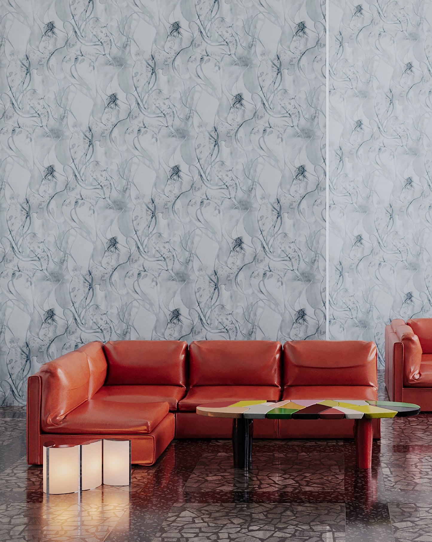 Eskayel's Hibiscus Lily Lapis wallpaper is a blue hued  pattern installed in a sitting room.