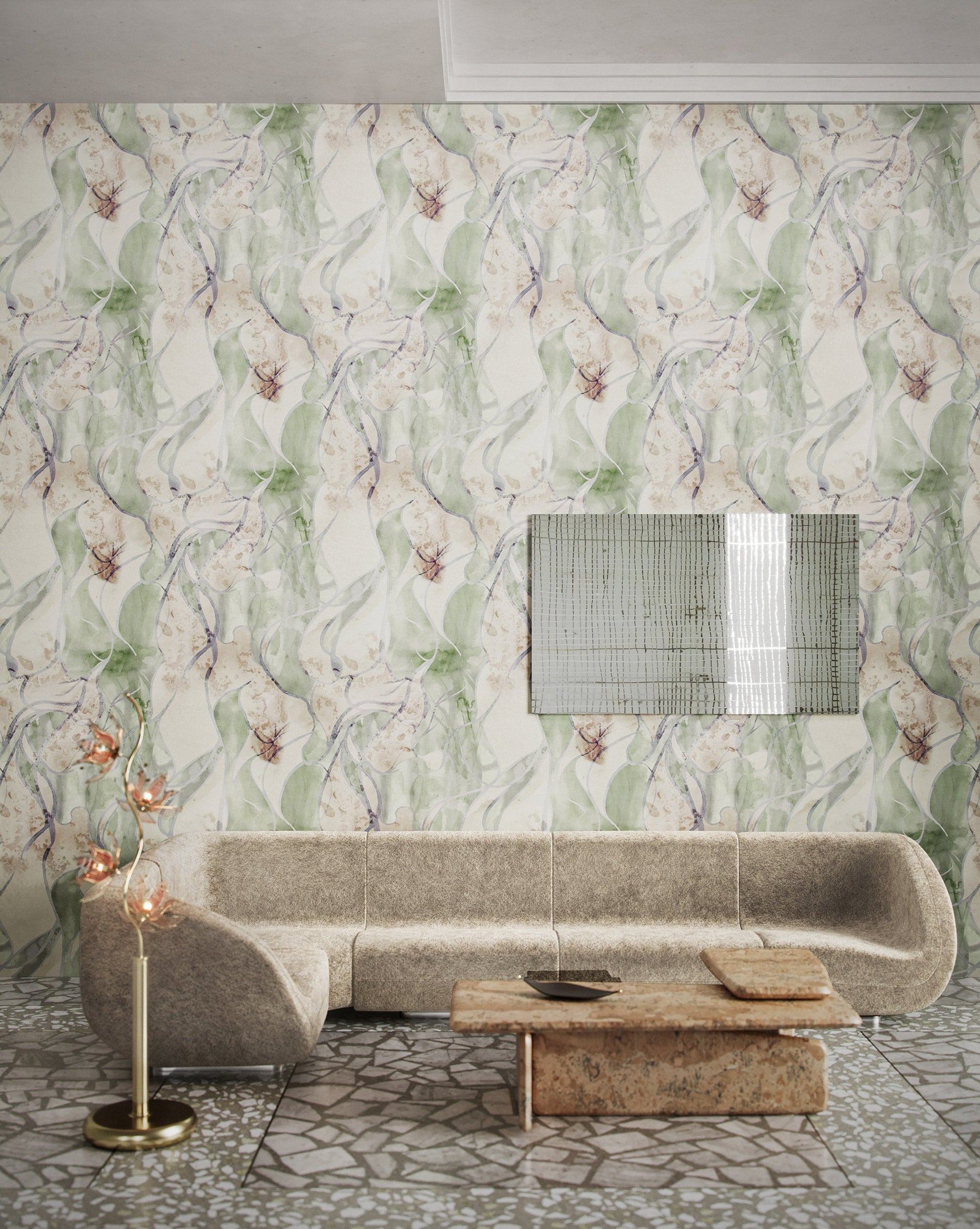 Eskayel's Hibiscus Lily Tourmaline wallpaper is a palette of green and beige installed in a living room.