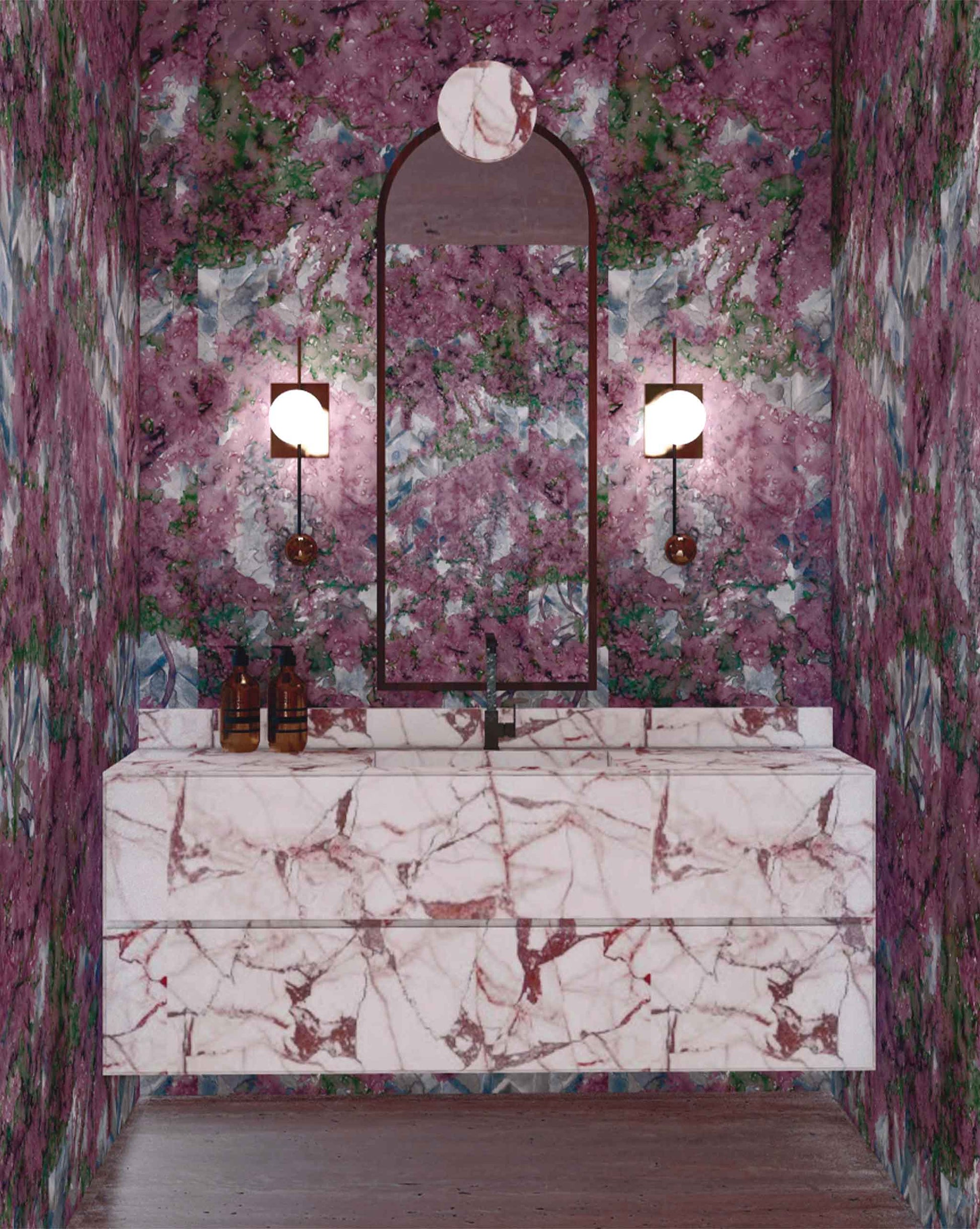 A bathroom with a purple marble wall that superimposes Inflorescence Wallpaper Pomegranate