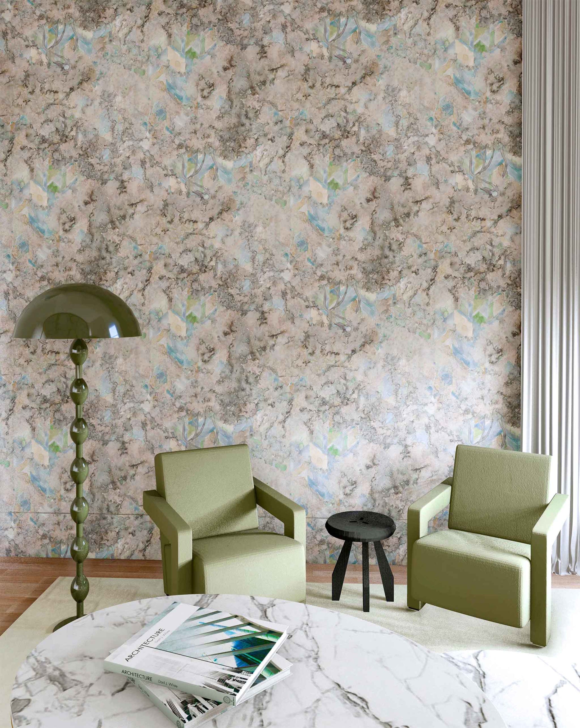A living room with green chairs and a Inflorescence Wallpaper Sage wall