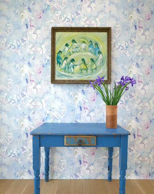 Eskayel's kokomo wallpaper in the colorway Brisa with its base color of  blue with hints of complementary colors installed in an entryway.