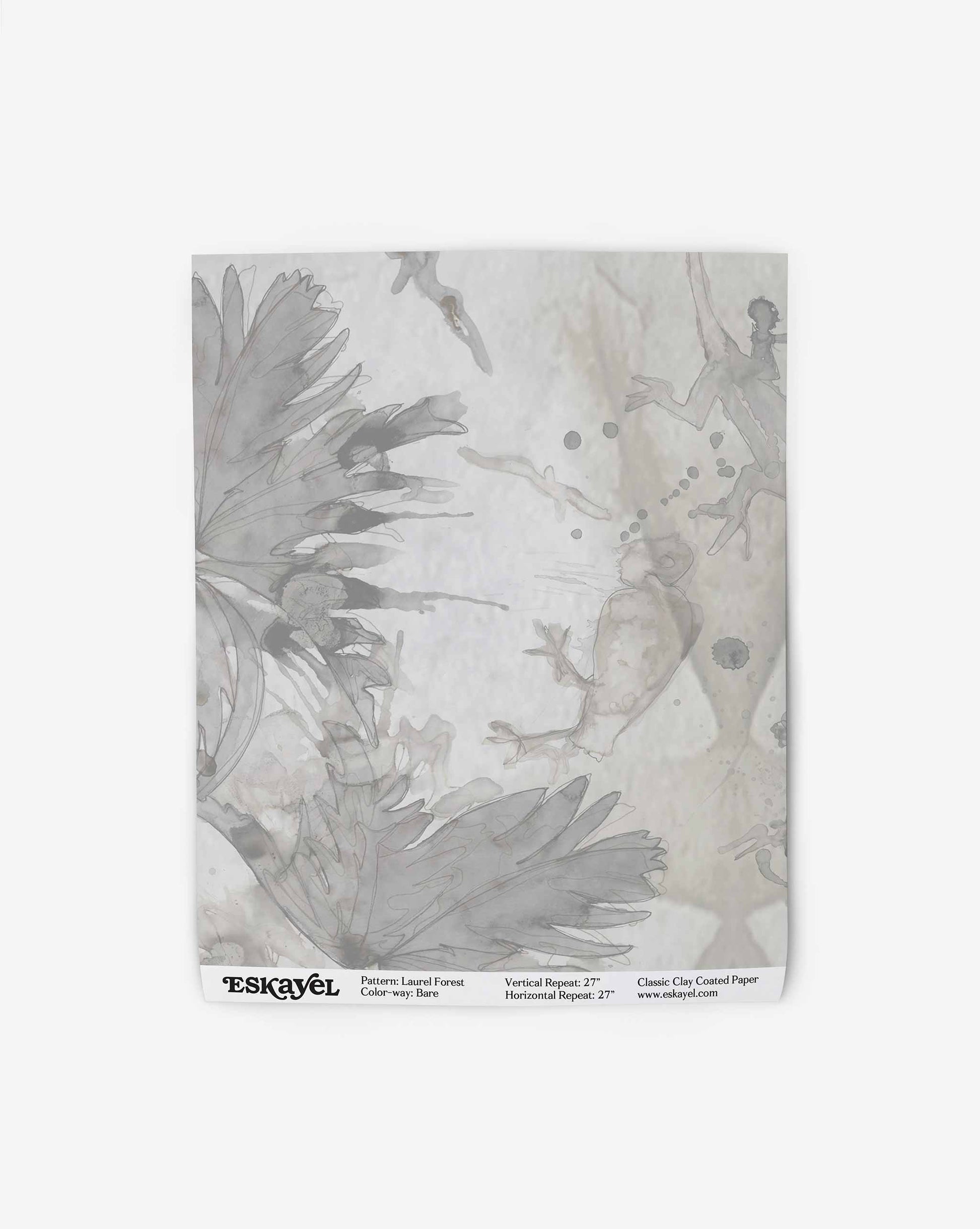 A high-end Laurel Forest Wallpaper sample with a tropical leafy watercolor design, including a watermark of the brand "Eskayel" at the bottom right.