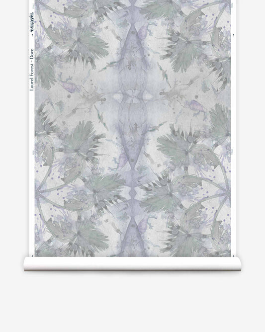 A symmetrical botanical pattern featuring leaves in soft purple and green shades on a luxury Laurel Forest Wallpaper in Dove.