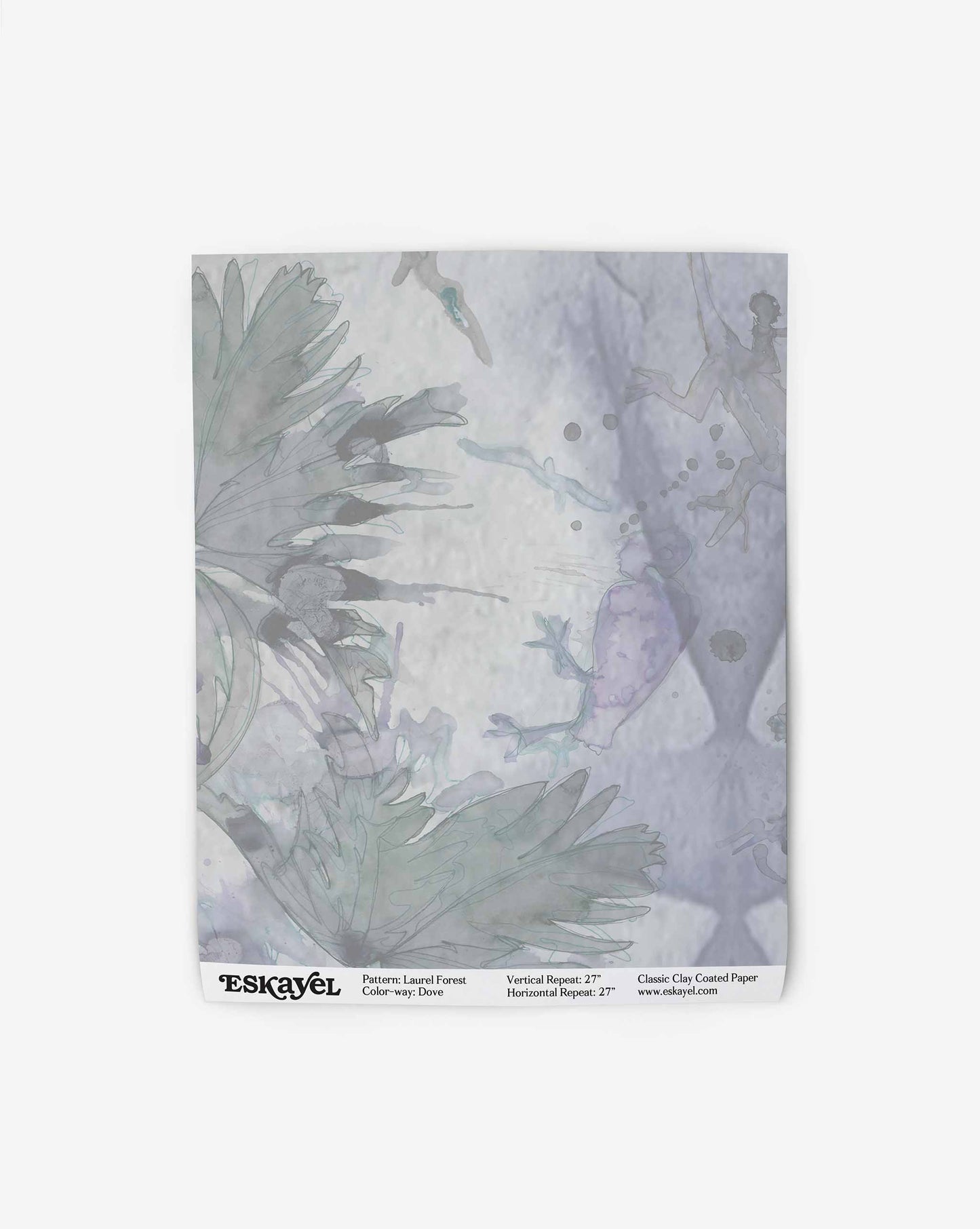 Artistic print featuring gray and blue watercolor botanical patterns with text overlay of brand and Laurel Forest Wallpaper||Dove details in the corner, perfect for high-end wallpaper.
