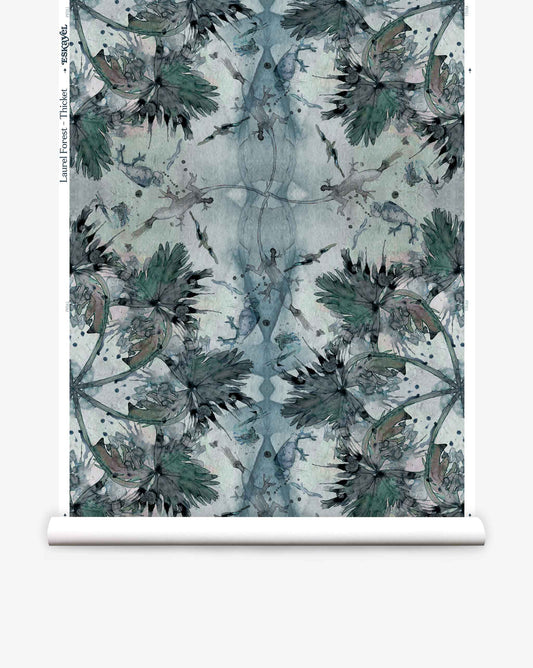 Abstract floral pattern in shades of green and blue displayed on a Laurel Forest Wallpaper||Thicket, evoking a tropical atmosphere.