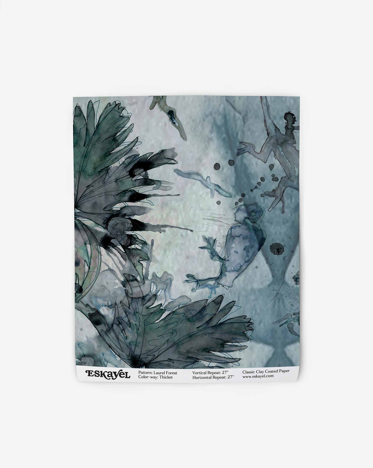 Abstract Laurel Forest Wallpaper||Thicket featuring shades of blue and gray with botanical and splatter elements, displayed on a white background with text annotations at the bottom, evoking a tropical atmosphere.