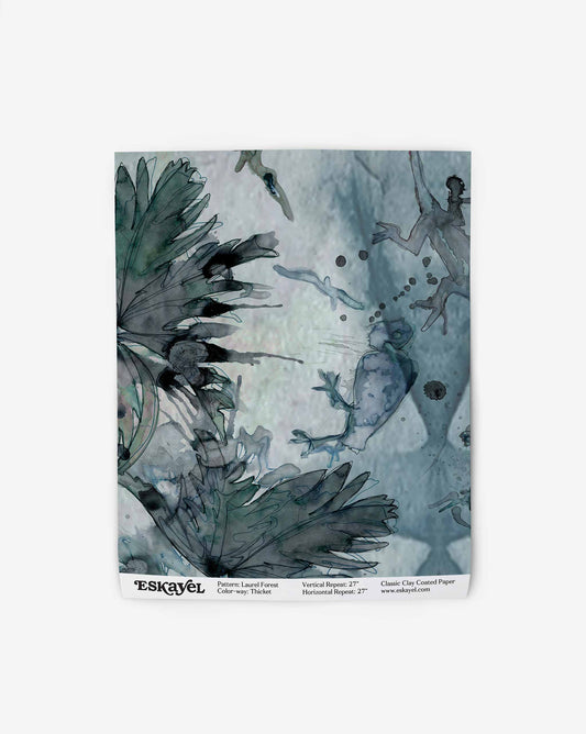 Abstract Laurel Forest Wallpaper||Thicket featuring shades of blue and gray with botanical and splatter elements, displayed on a white background with text annotations at the bottom, evoking a tropical atmosphere.