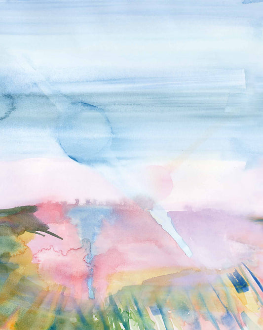 Abstract watercolor painting with soft blends of blue, pink, and green hues from Eskayel's Lily's View Wallpaper Mural||Dawn, suggesting a serene landscape.