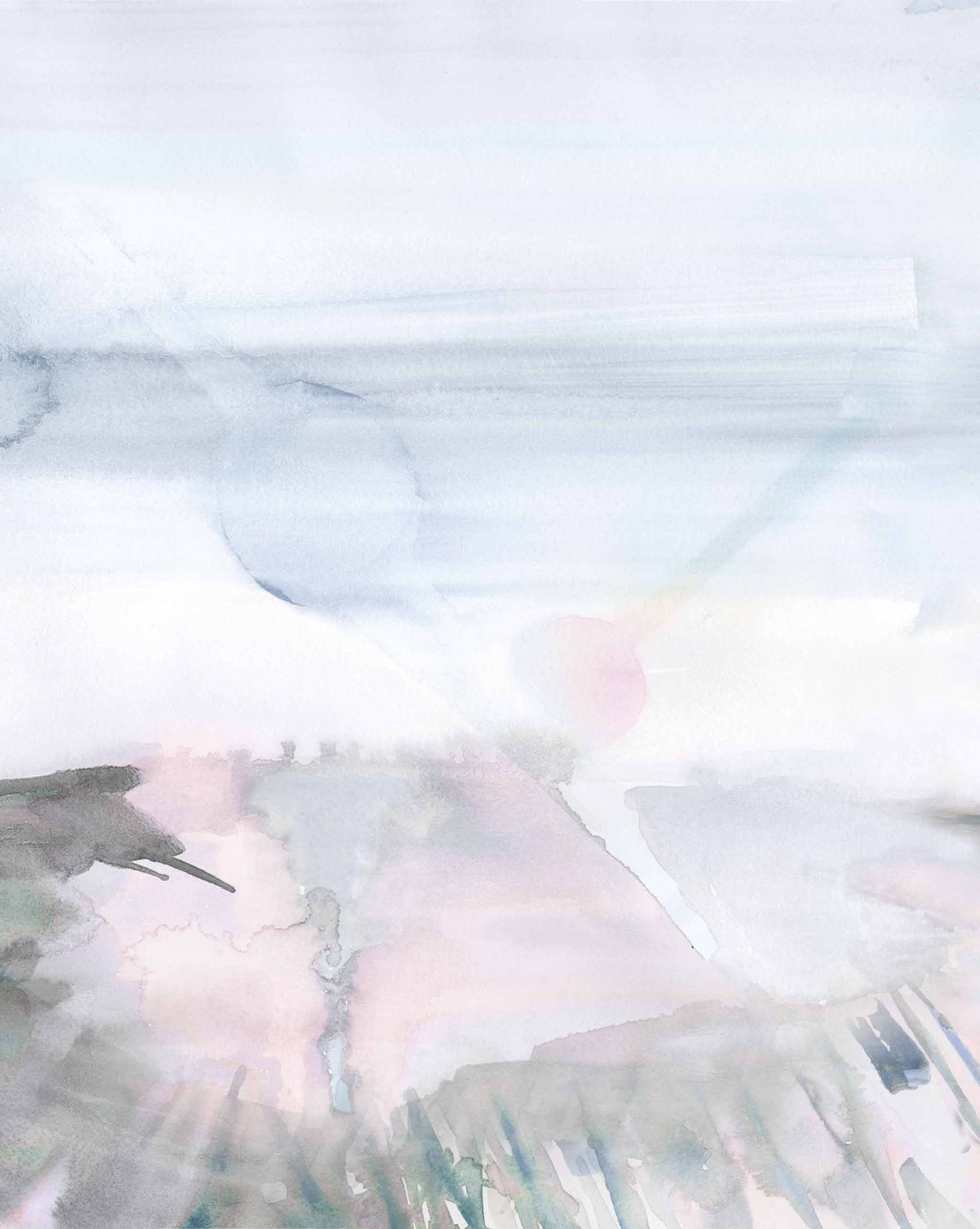 Abstract watercolor painting from Eskayel's Lily's View Wallpaper Mural||Dusk with soft washes of pink, blue, and gray, resembling a serene, dreamlike landscape.