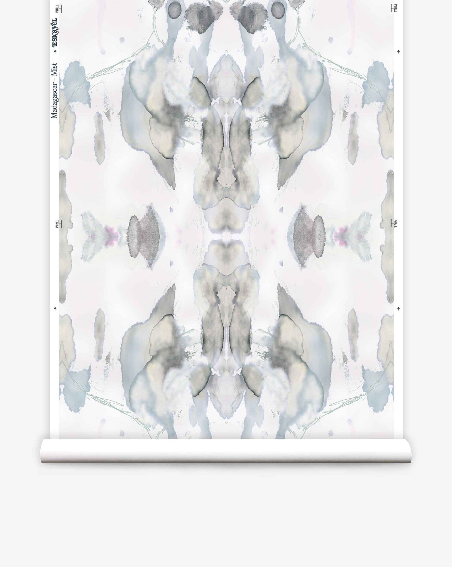 Abstract symmetrical ink blot design in shades of gray and blue on a white background, resembling a high-end Madagascar Wallpaper||Mist Rorschach test pattern.