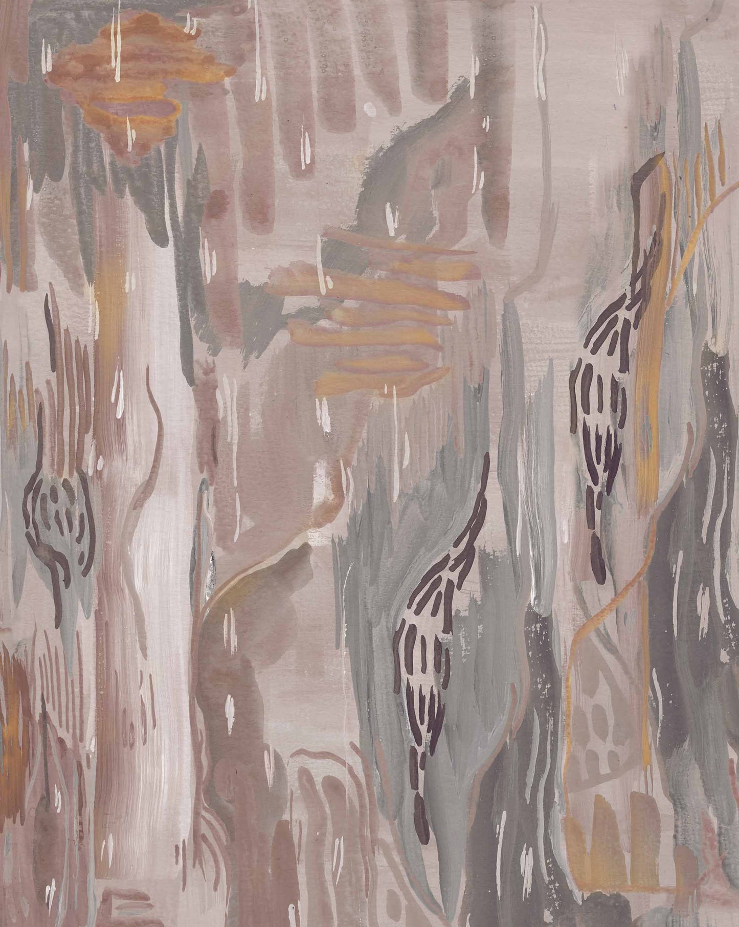Abstract painting with earthy tones and a hint of Majorelle Wallpaper Mural, featuring fluid streaks and organic shapes resembling leaves and brush strokes.