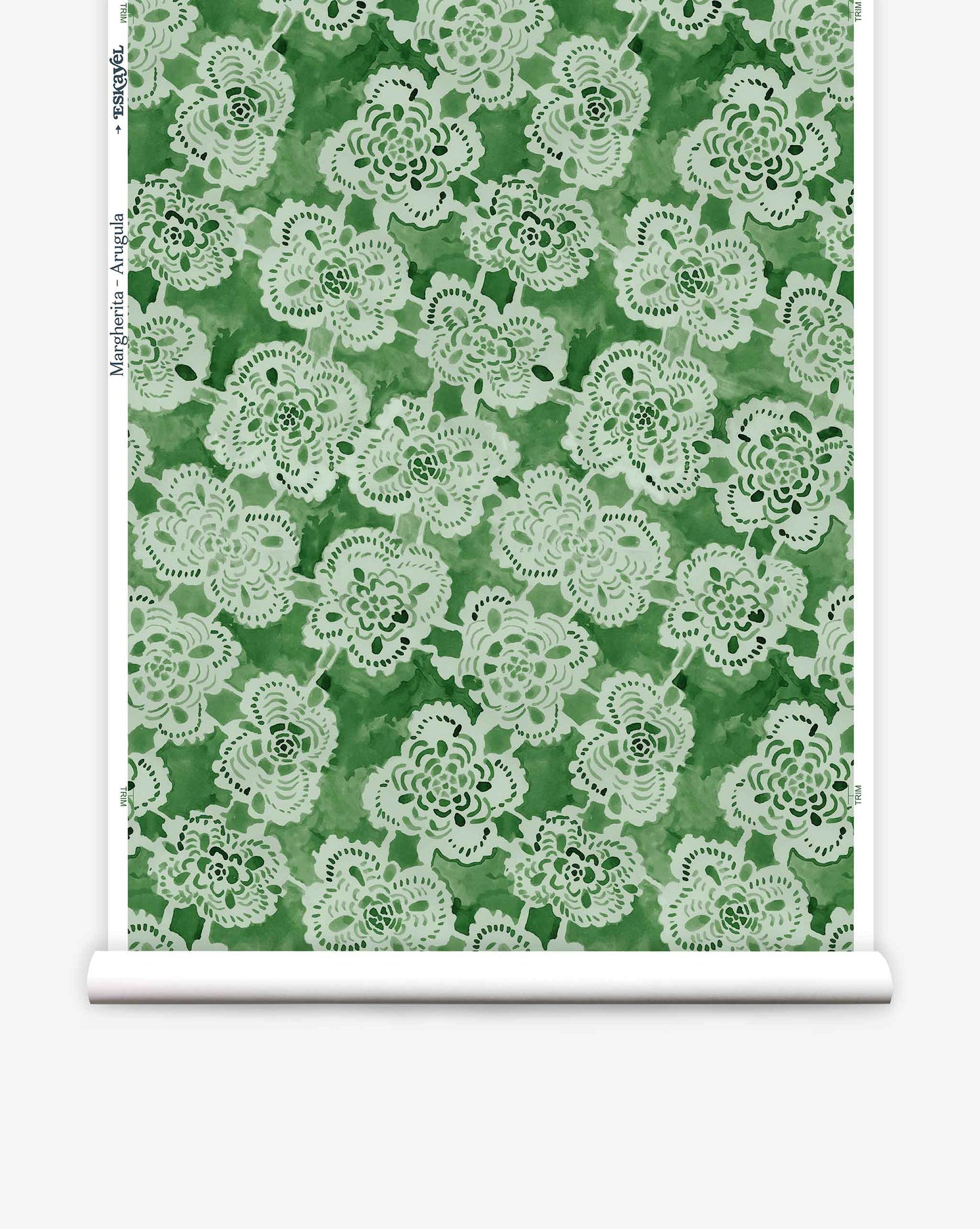 Eskayel’s Margherita wallpaper in leafy Arugula presents floral shapes in a loose lattice. 