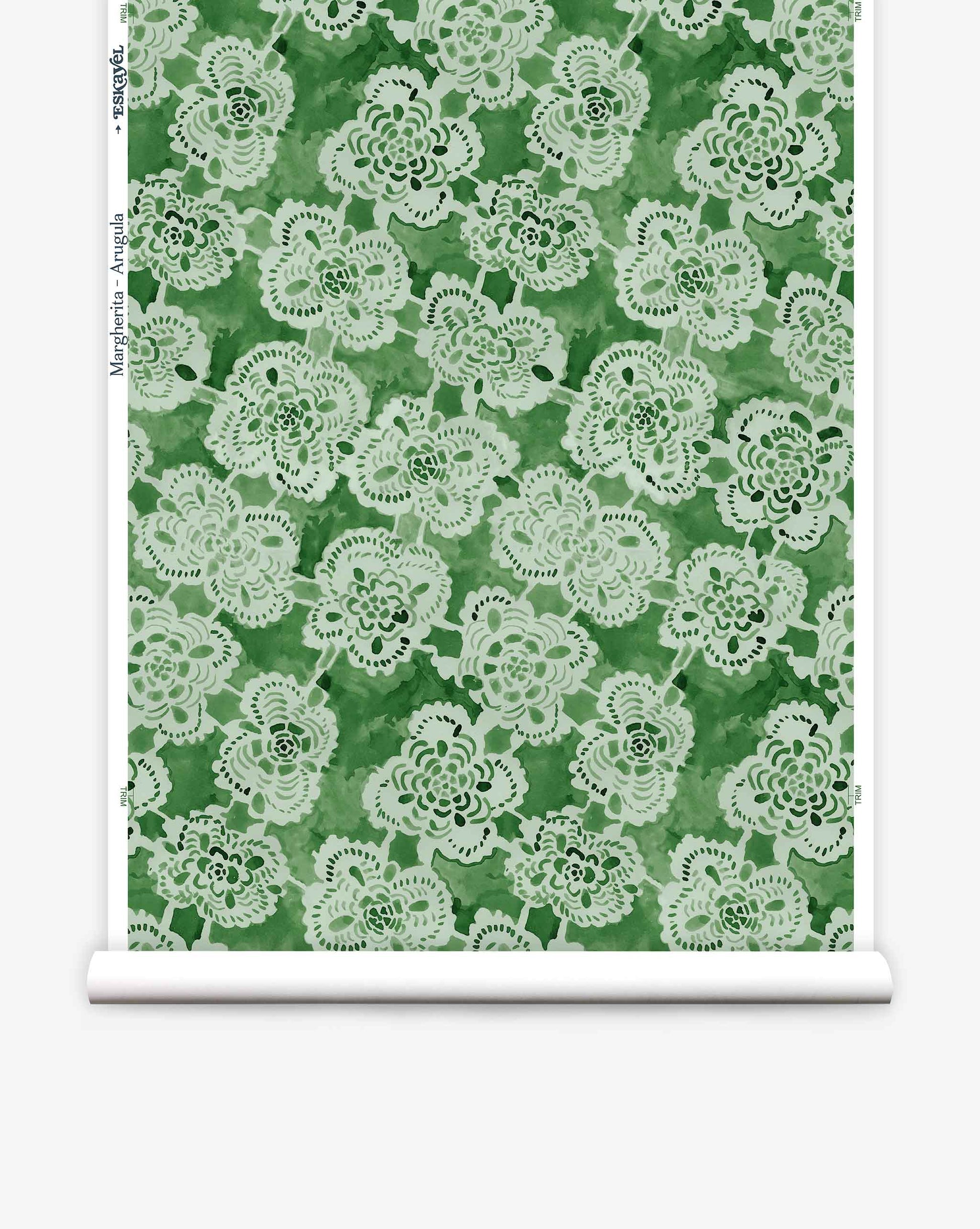 Eskayel’s Margherita wallpaper in leafy Arugula presents floral shapes in a loose lattice. 