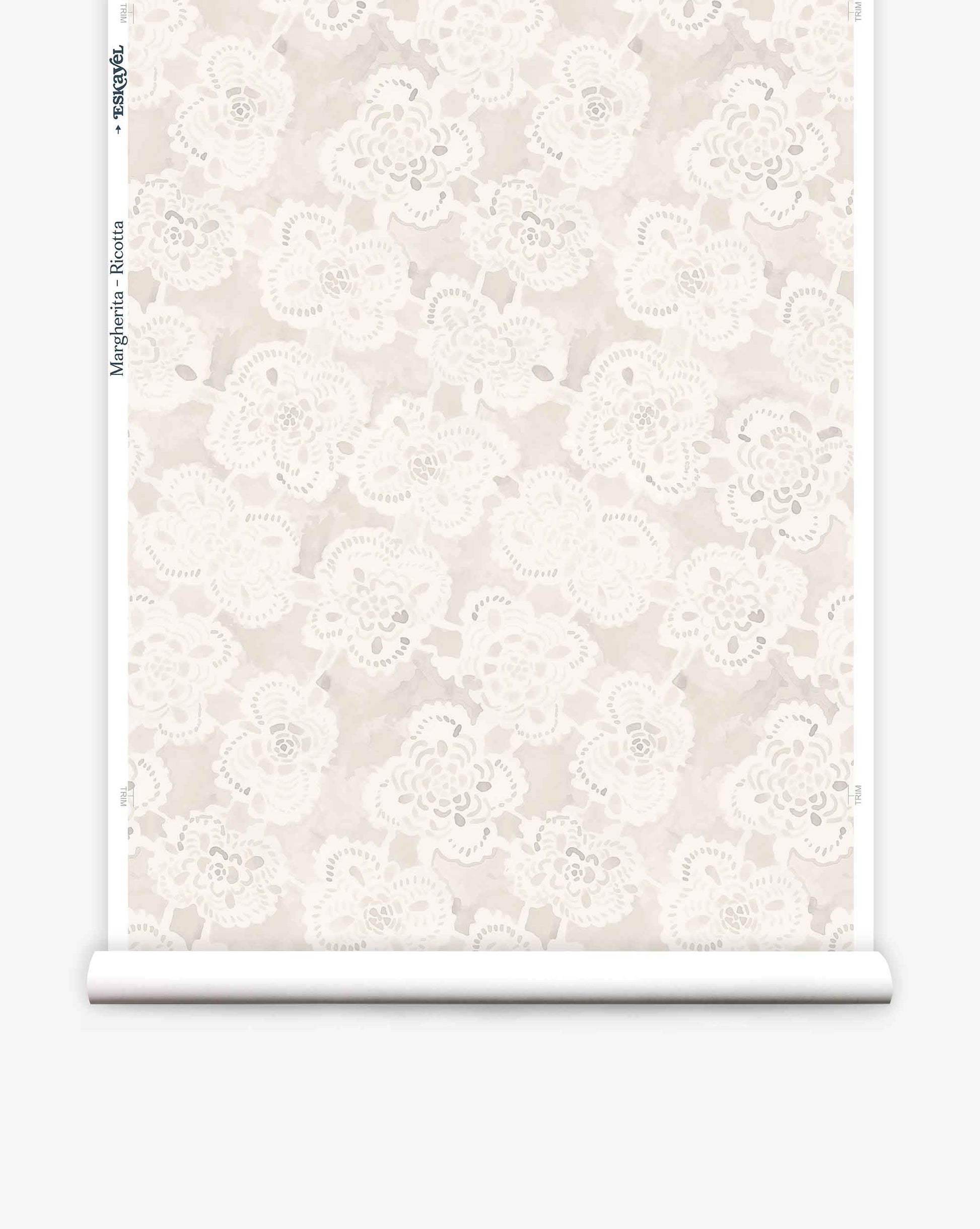 Eskayel’s Margherita wallpaper in creamy Ricotta presents floral shapes in a loose lattice.
