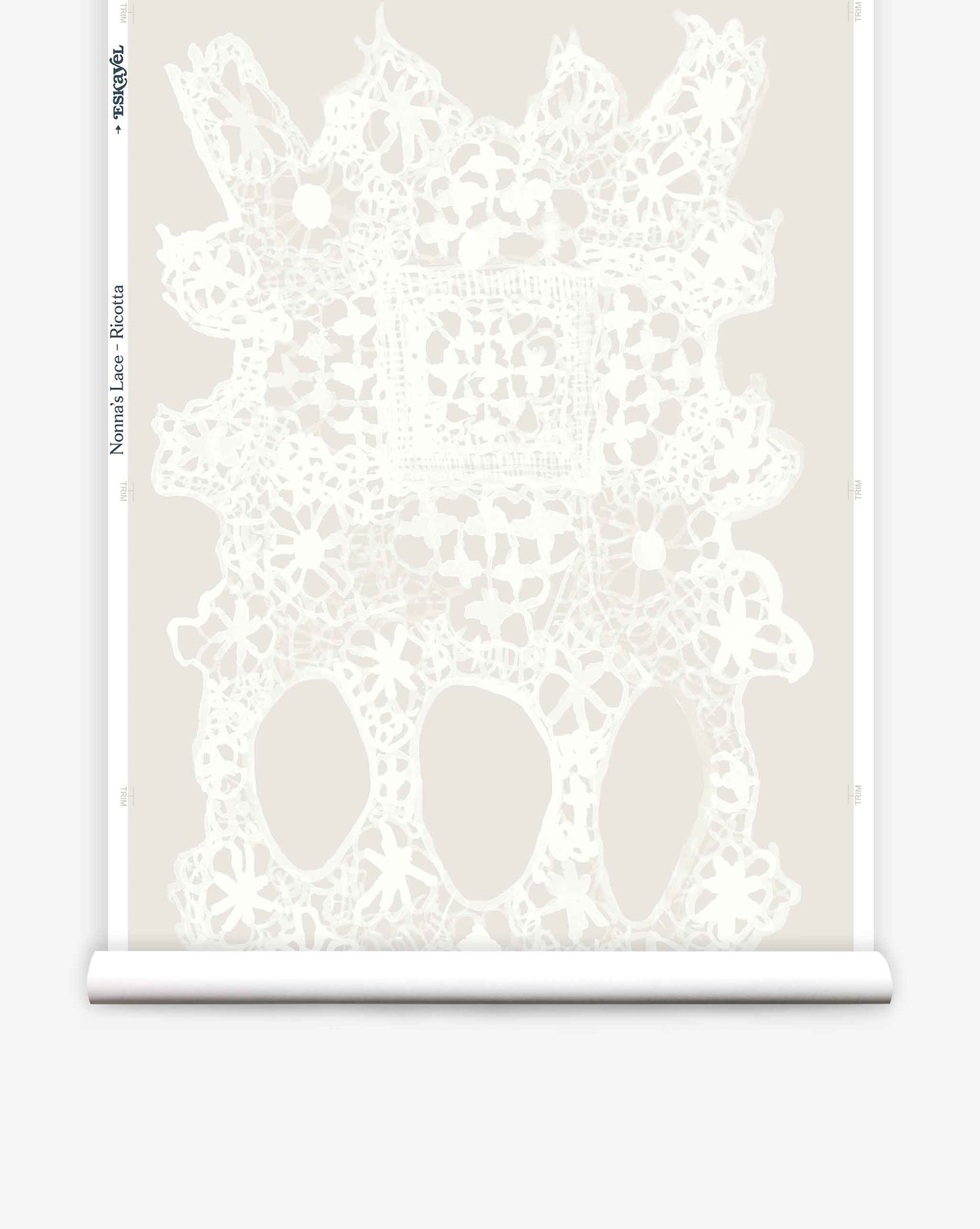 Ricotta Nonna’s Lace from Eskayel is a large-scale, non-repeating wallpaper of neutral creams.