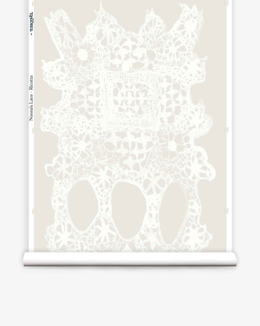 Ricotta Nonna’s Lace from Eskayel is a large-scale, non-repeating wallpaper of neutral creams.