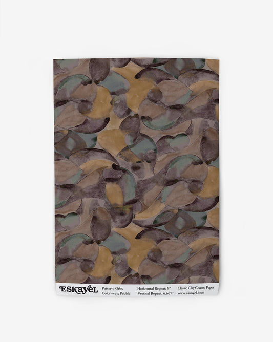 Orbs Wallpaper Sample in the color way pebble in a dark multi-hued shades.