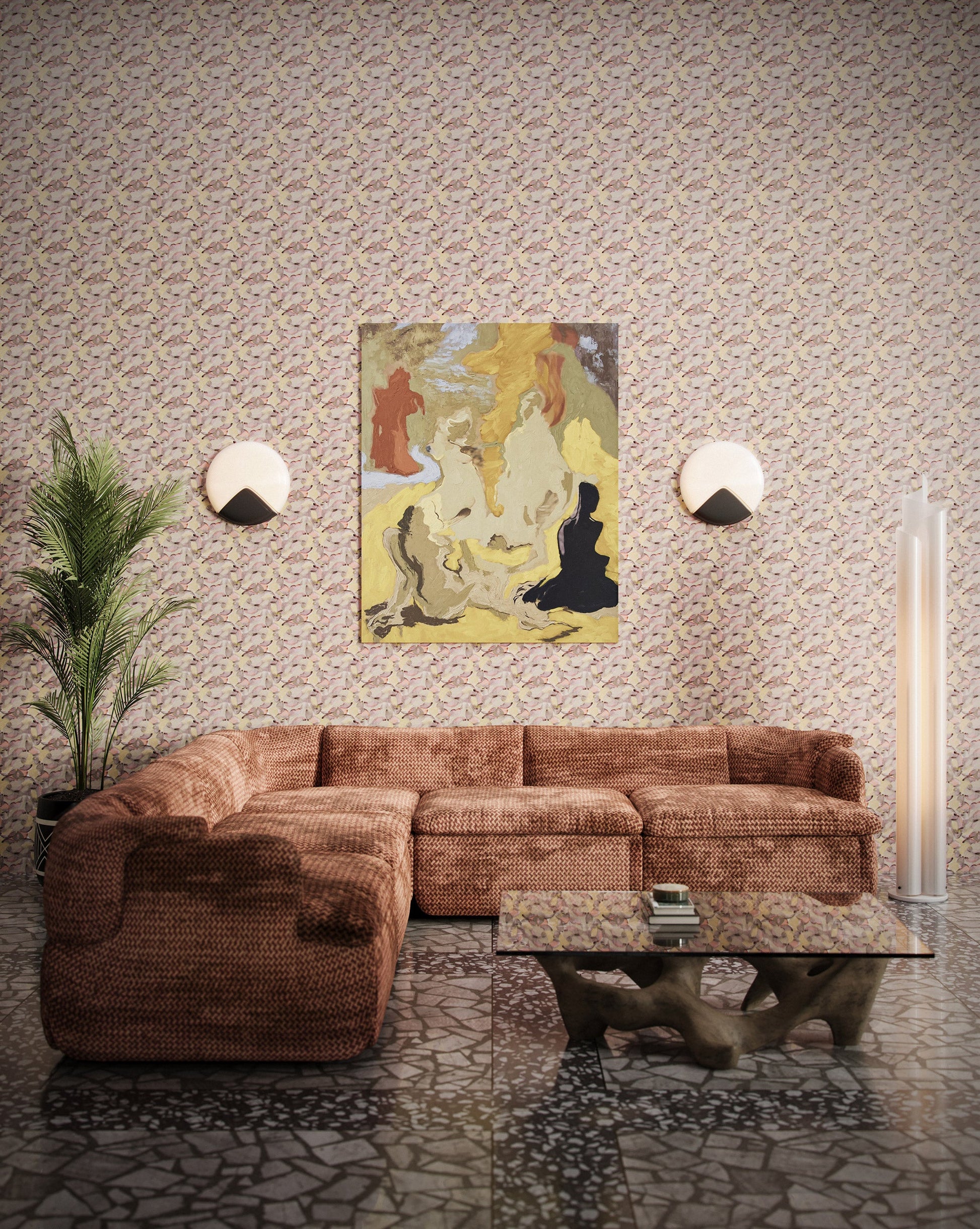 Eskayel's Orbs wallpaper in Sol depicts a multicolored pastel and neutral pattern installed in a living room. 